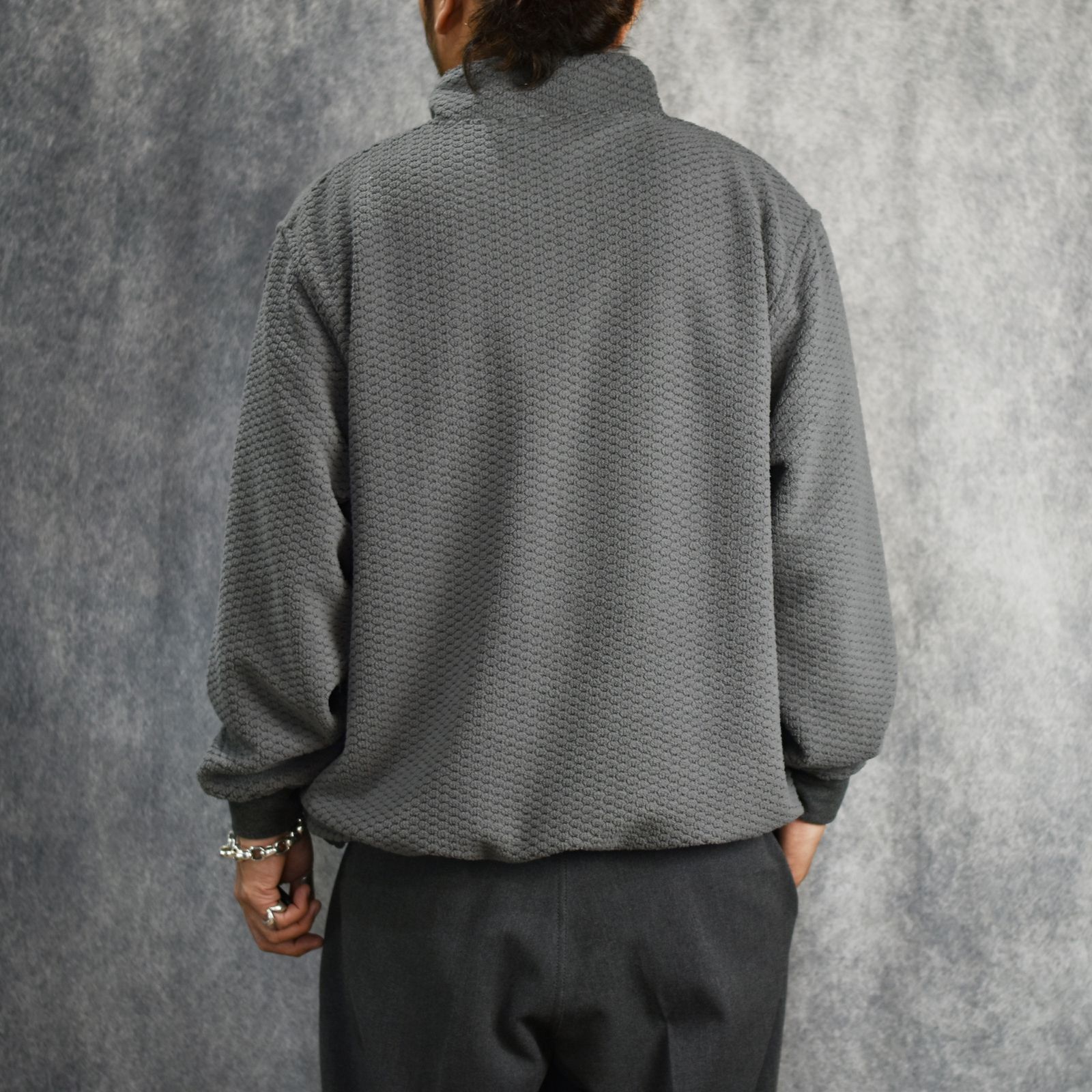 UNEVEN FLLECE HALF ZIP SW (GRAY) / スタンドカラー ハーフジップ フリース シャツ