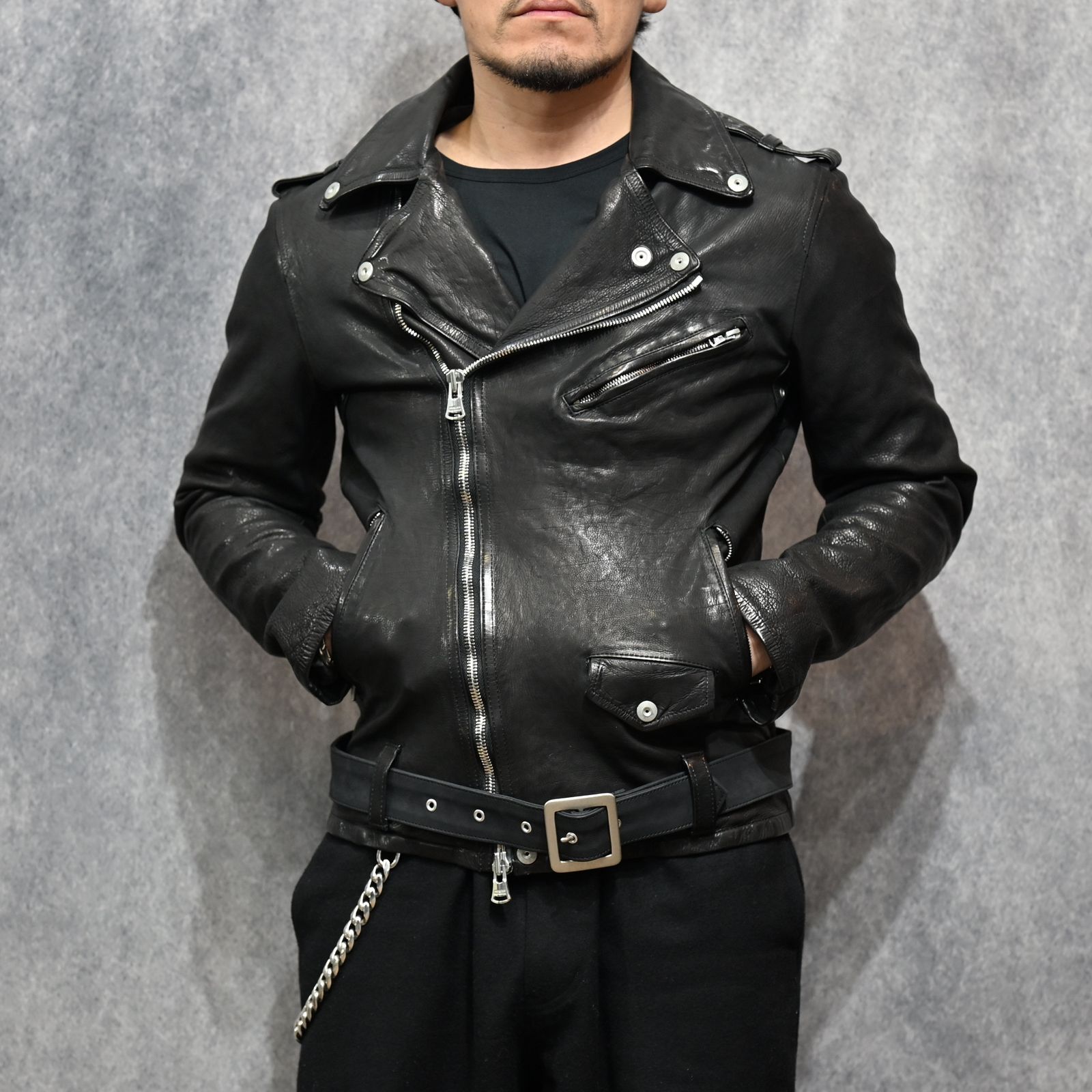 ジャパンカーフ タンニン鞣し 製品洗い ダブルライダース （BLACK） 1927-07