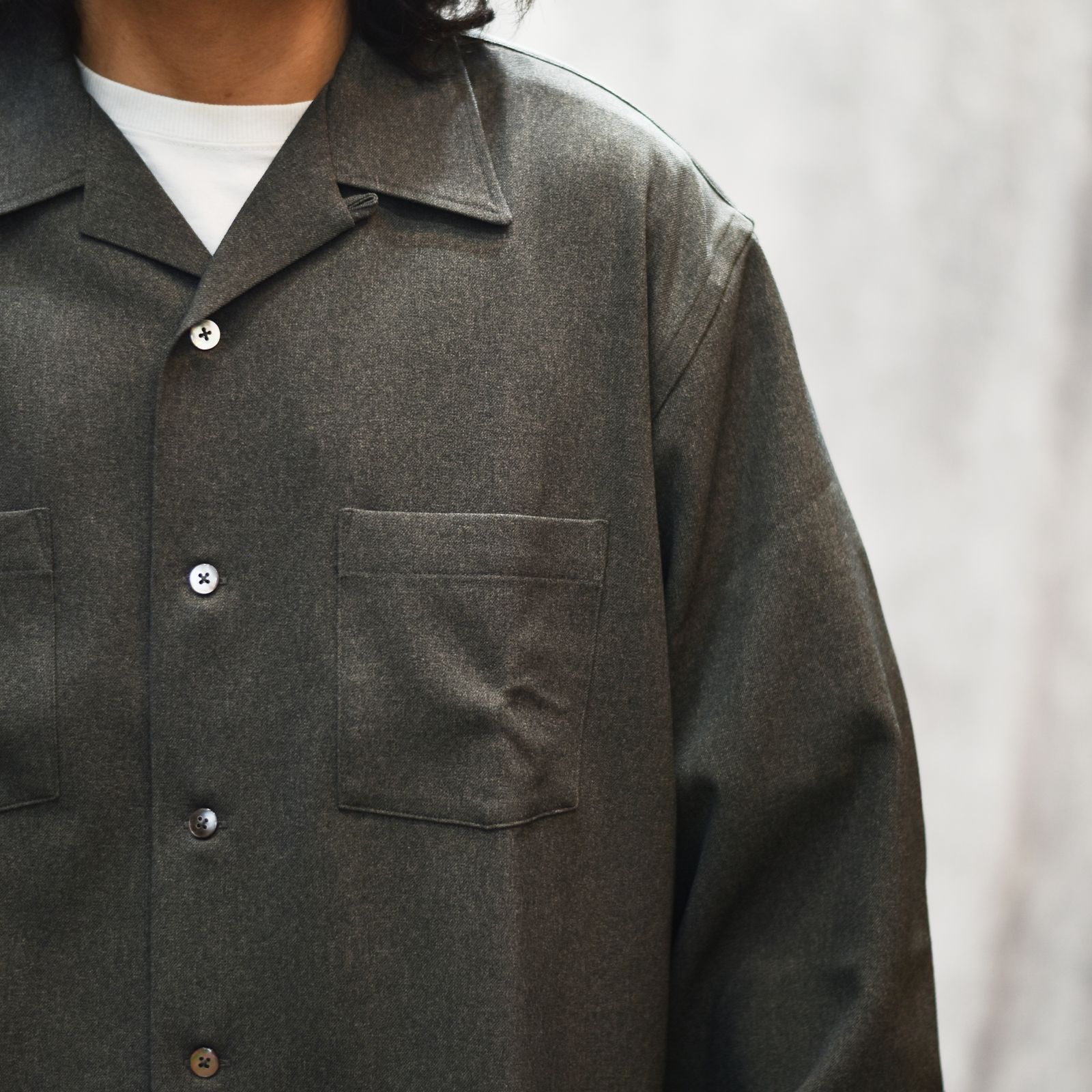 "BLATANT LOCALISM" OPEN COLLAR ROUND L/S SH (CHARCOAL)｜オープンカラー ラウンド 長袖シャツ｜CL-25AW038