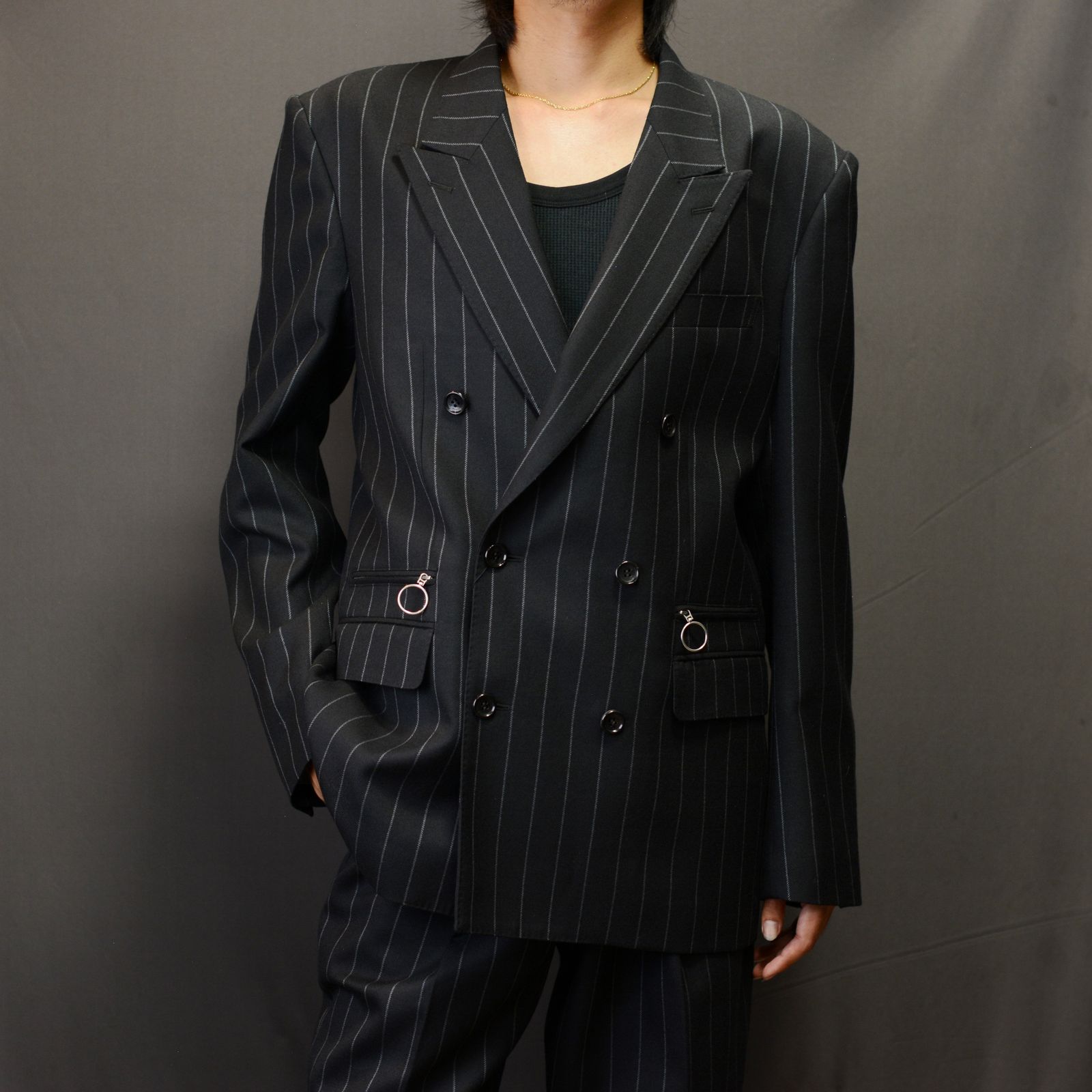 JOHNLAWRENCESULLIVAN - Wool stripe double breasted jacket （BLACK
