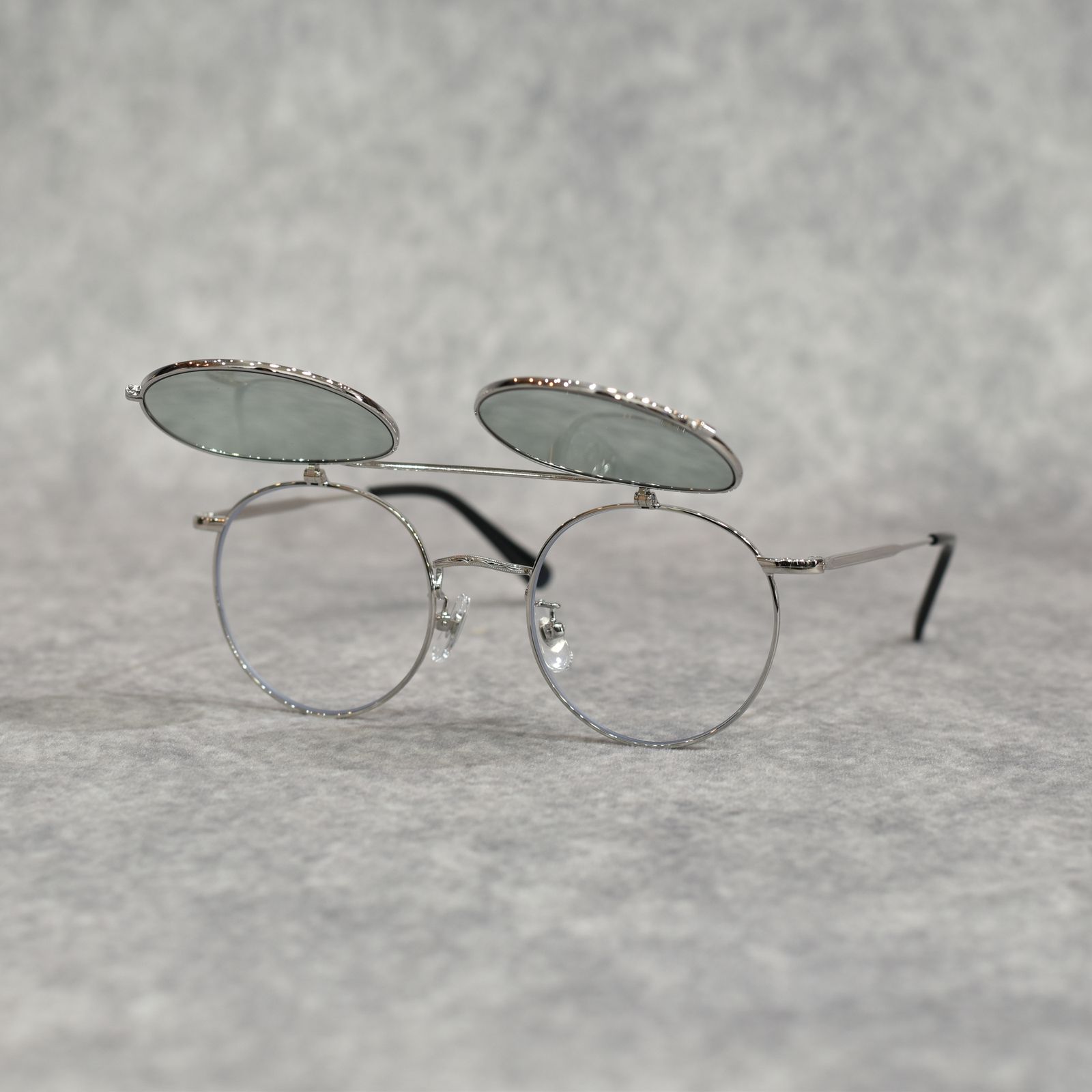 FLIP UP TYPE CIRCLE METAL GLASSES ＜EXCLUSIVE＞ (SILVER / GREEN)｜フリップアップタイプ サークルメタル サングラス｜CL-26SS001G EX