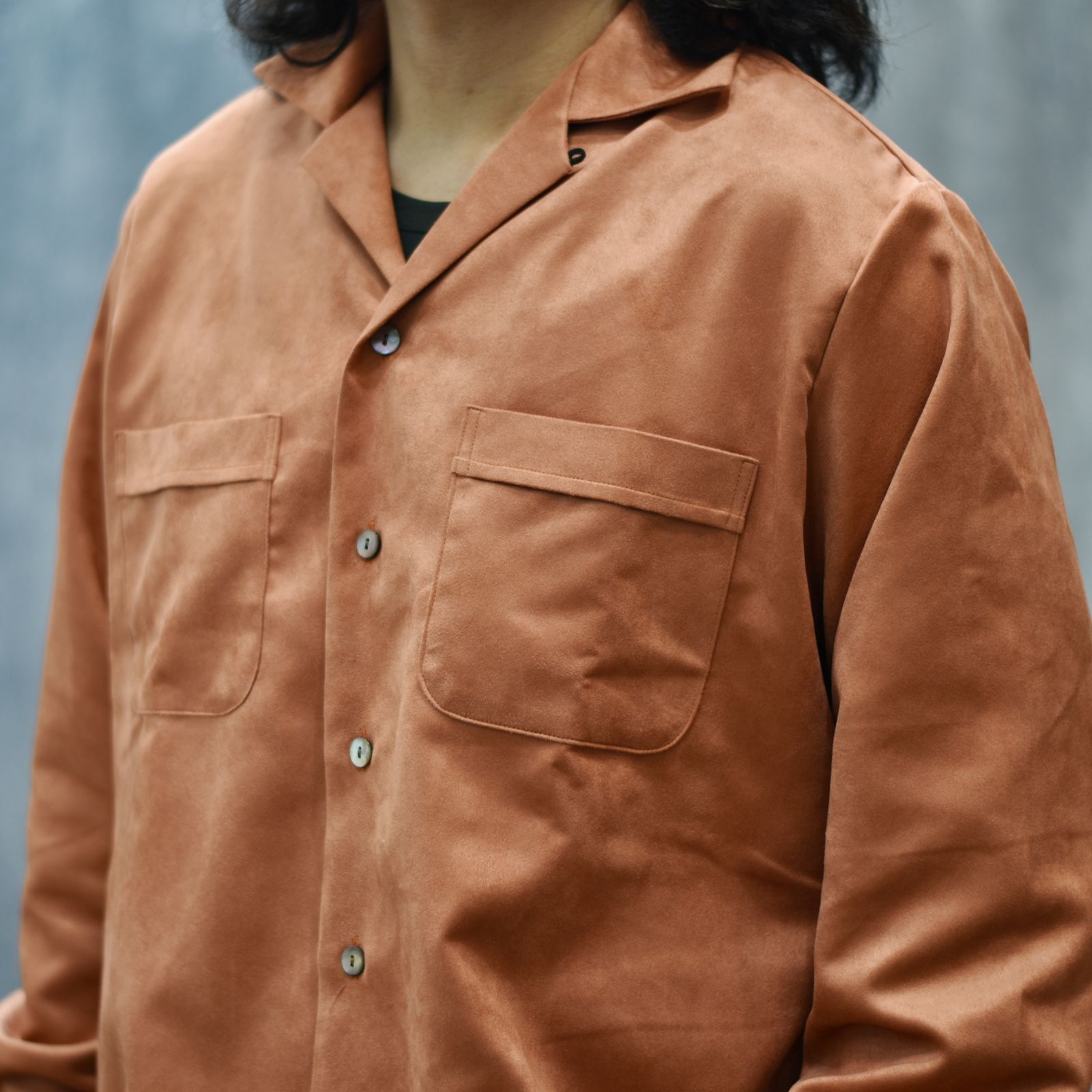 FAUX SUEDE SH (ORANGE)｜フェイクスエード オープンカラー 長袖シャツ｜CL-25AW007