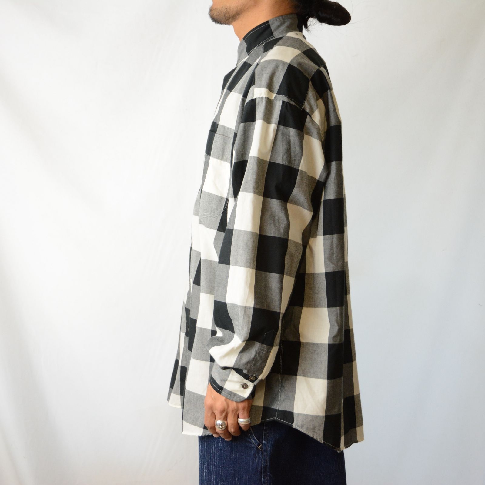 Porter Classic - BLOCK CHECK STAND COLLAR SHIRT (BLACK) - ブロック 