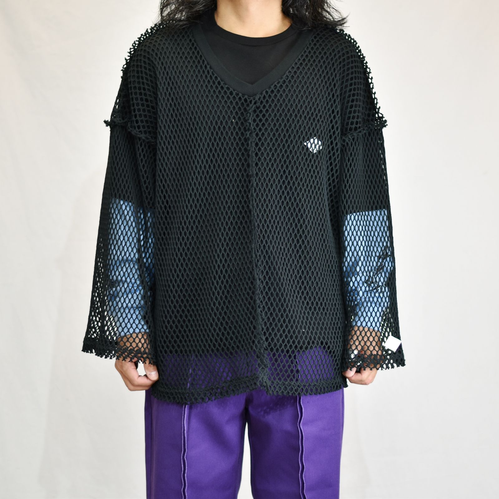 MESH V-NECK PULLOVER TOP (BK) / メッシュ Vネック プルオーバートップ