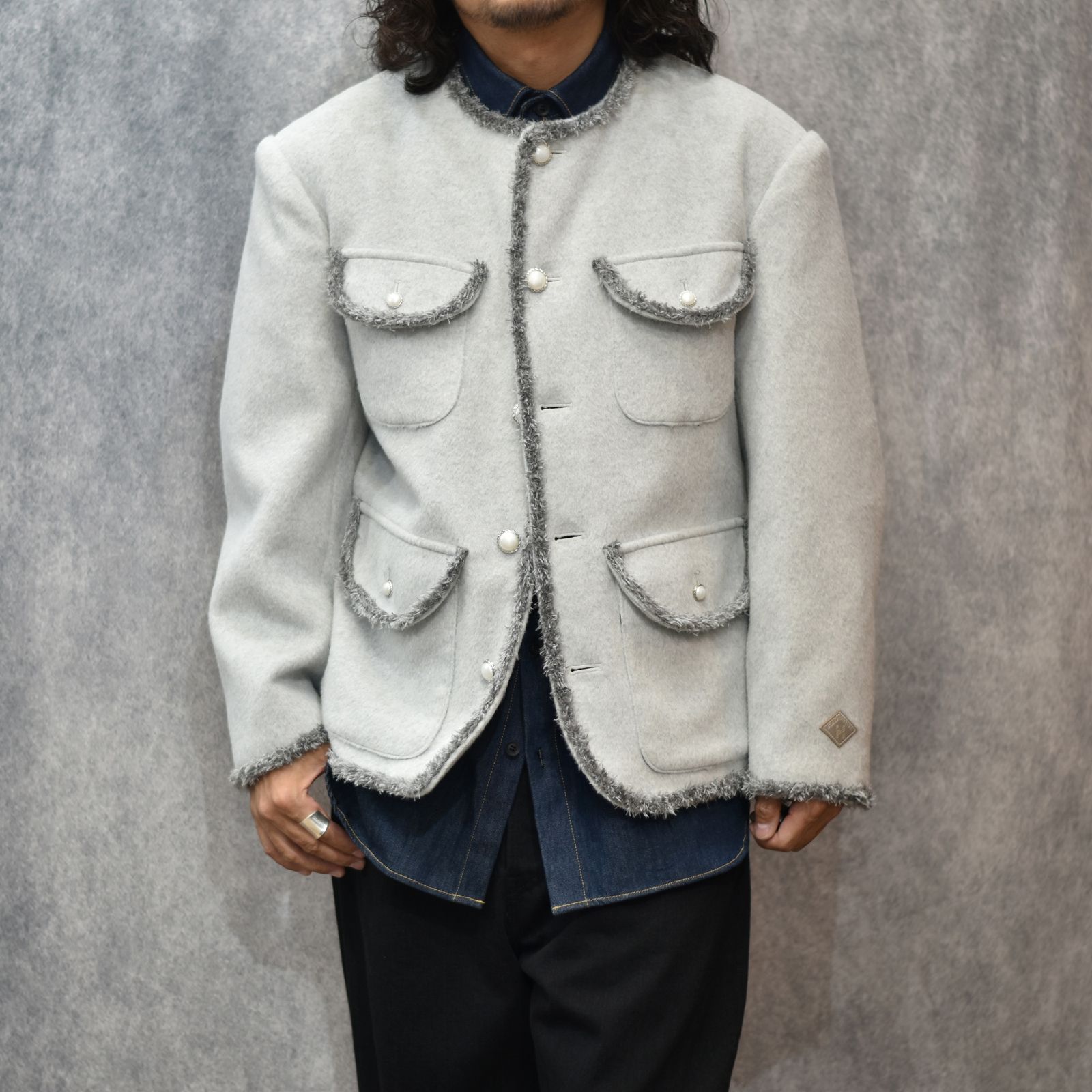 SHAGGY NO COLLAR 4BUTTONS JKT (GRAY)｜シャギー素材 ノーカラー 4ボタン ジャケット｜PD25AJ04