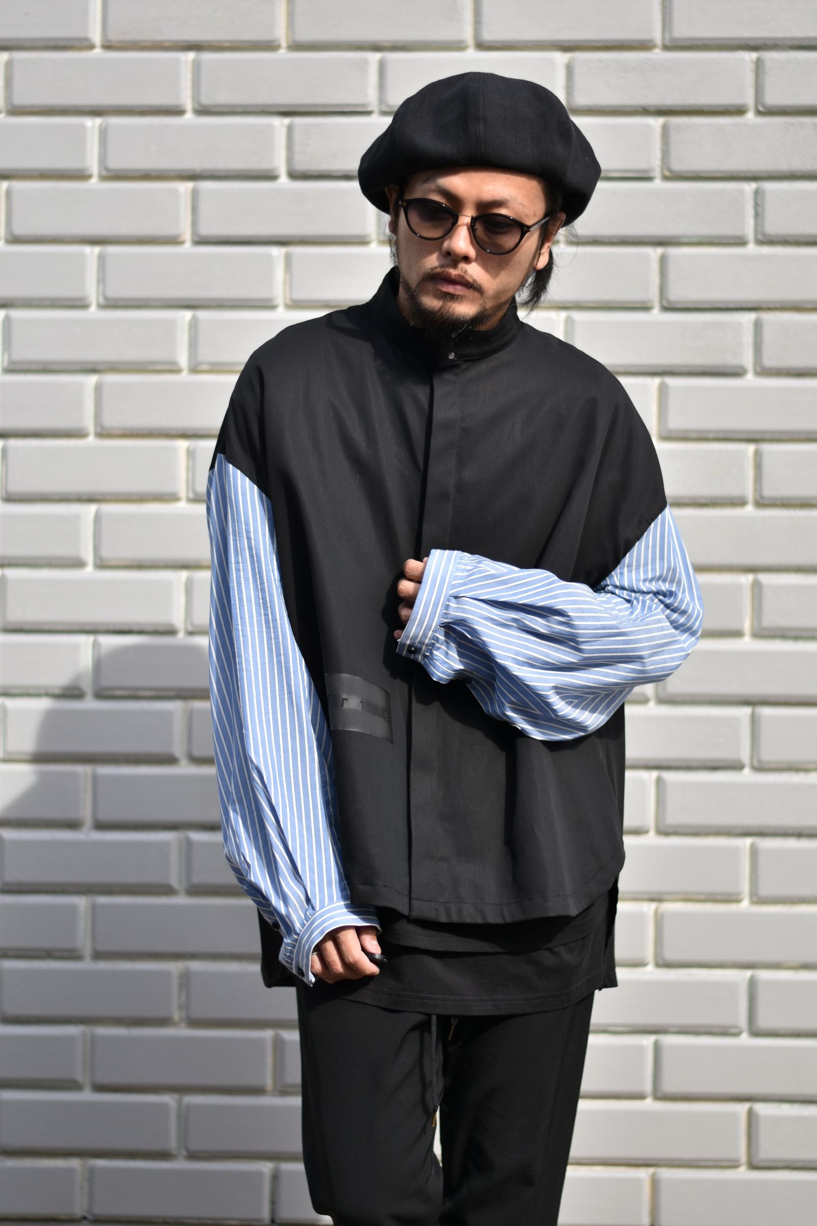 スタンドカラー ルーズシャツ / LB21SS-SH02-ST (BLACK×SAX STRIPE)