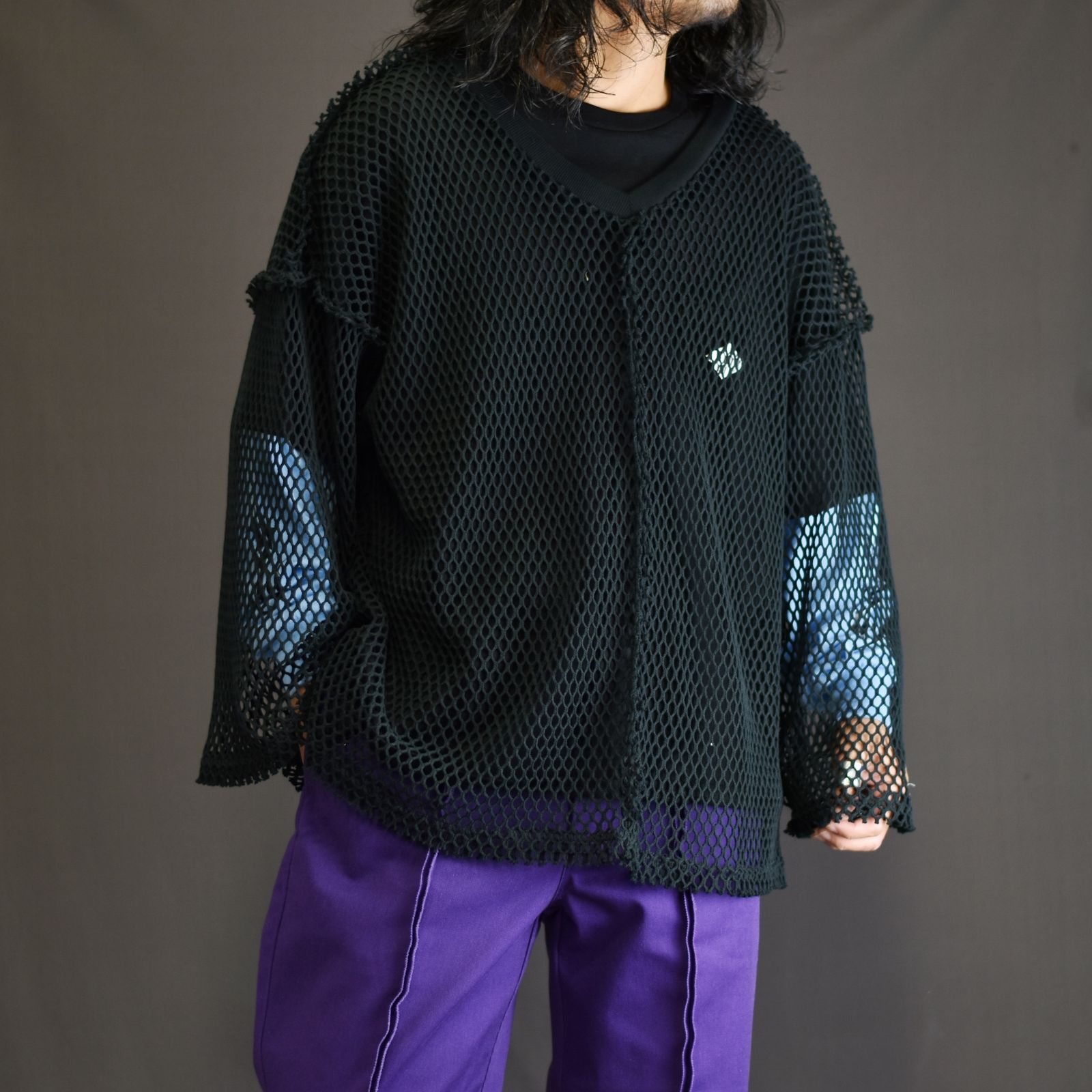 MESH V-NECK PULLOVER TOP (BK) / メッシュ Vネック プルオーバートップ
