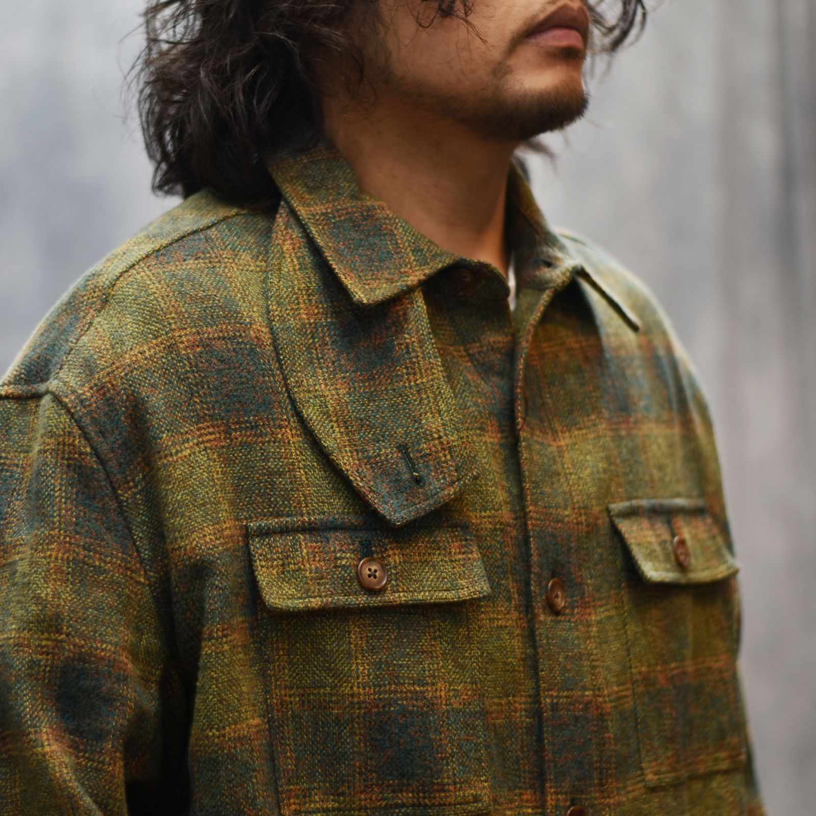 MOTTLE YARN HERRINGBONE OMBRE CPO (GREEN)｜オンブレチェック シーピーオーシャツ｜375202