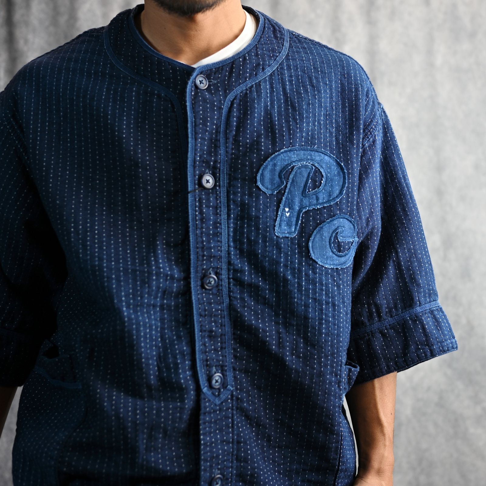 SASHIKO STRIPE BASEBALL SHIRT CUSTOM (BLUE) / サシコストライプベースボールシャツカスタム （ブルー） PC-059-3194-40