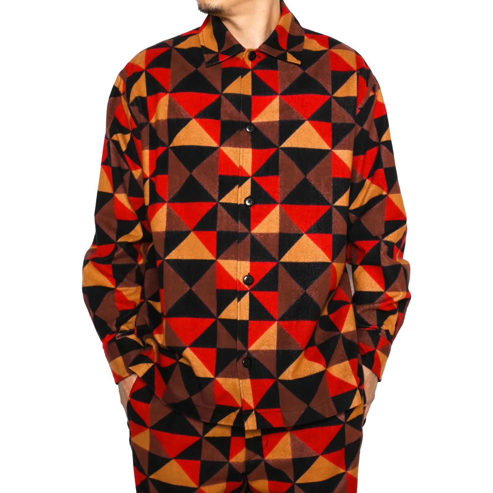 CALEE - Geometric pattern over silhouette L/S shirt (Red) / ジオ