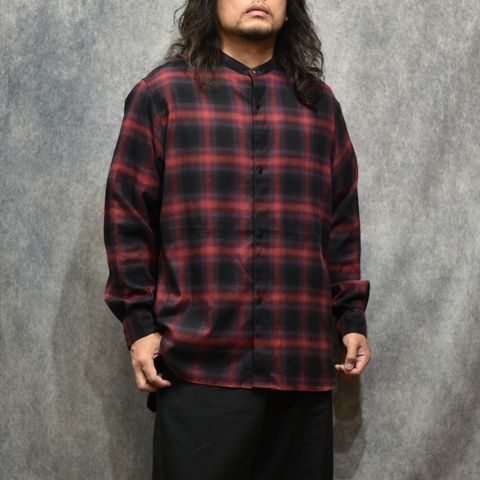 HF Ombre Band Collar Shirt （RED）｜オンブレチェック カラーレス ノーカラー シャツ （レッド）｜HF-21