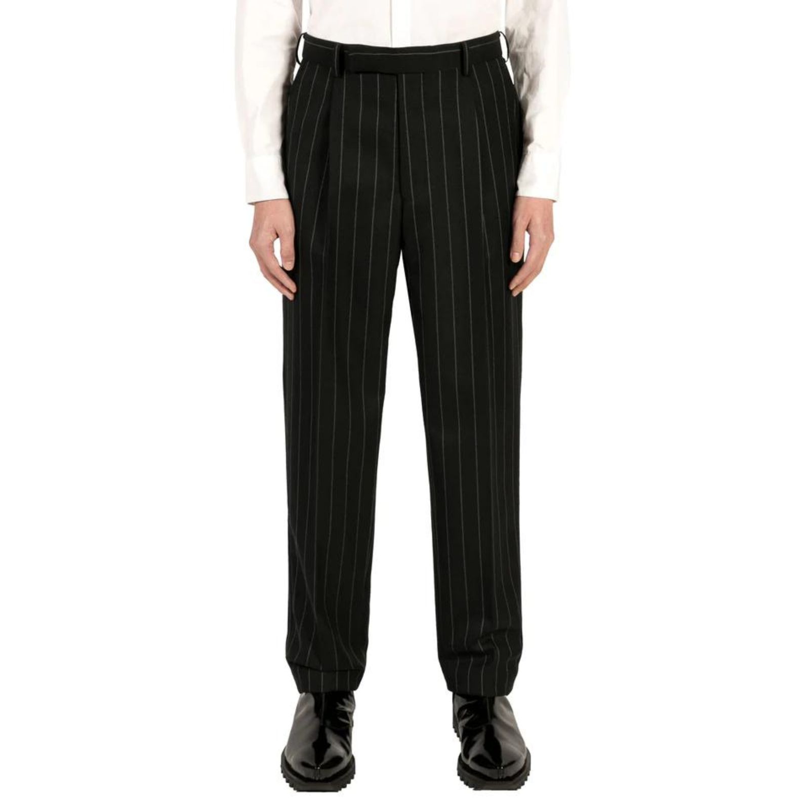 Wool stripe pleated trousers （BLACK） ウールストライプパンツ スラックス