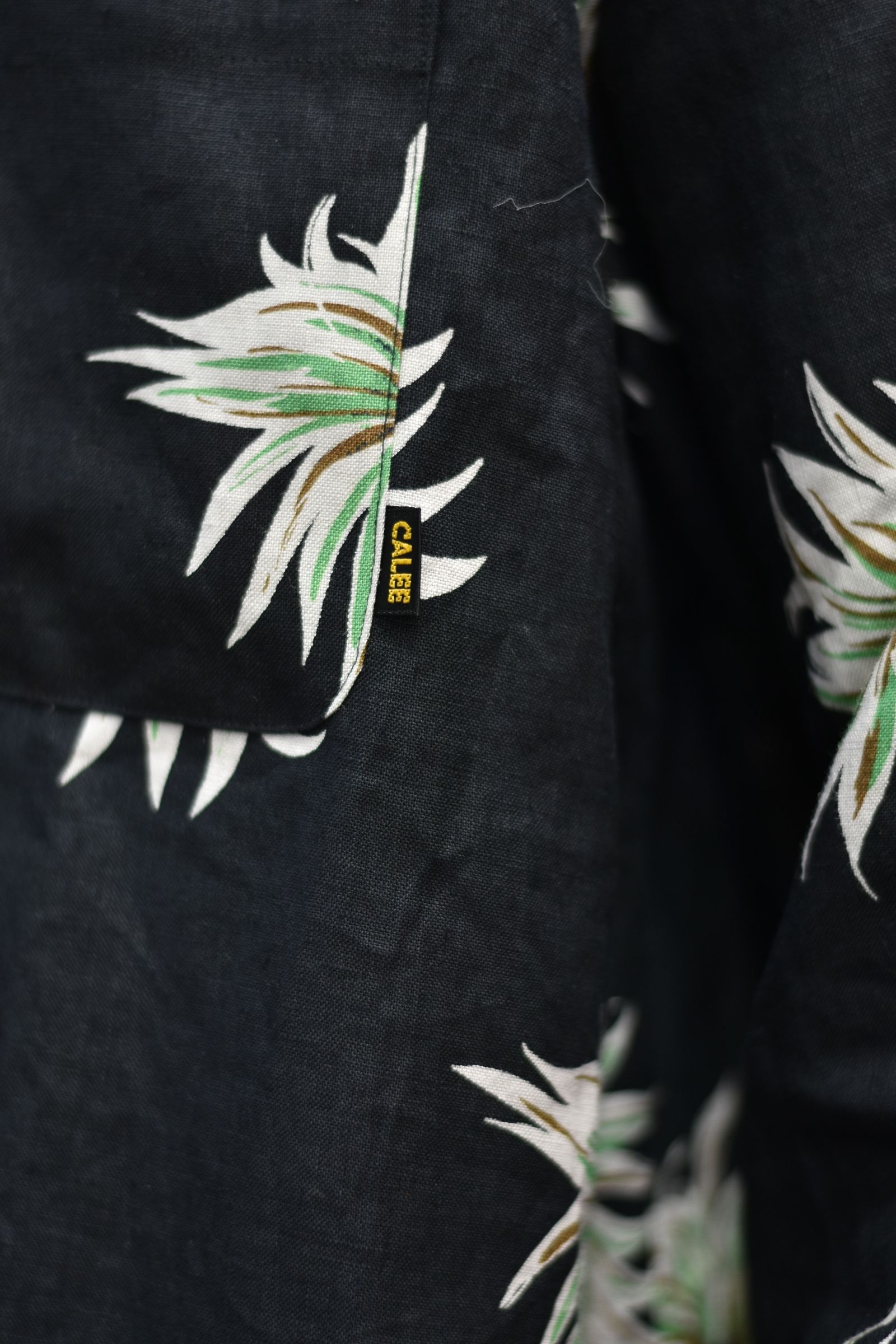 ALLOVER FLOWER PATTERN L/S NO COLLAR LINEN SHIRT (BLACK)