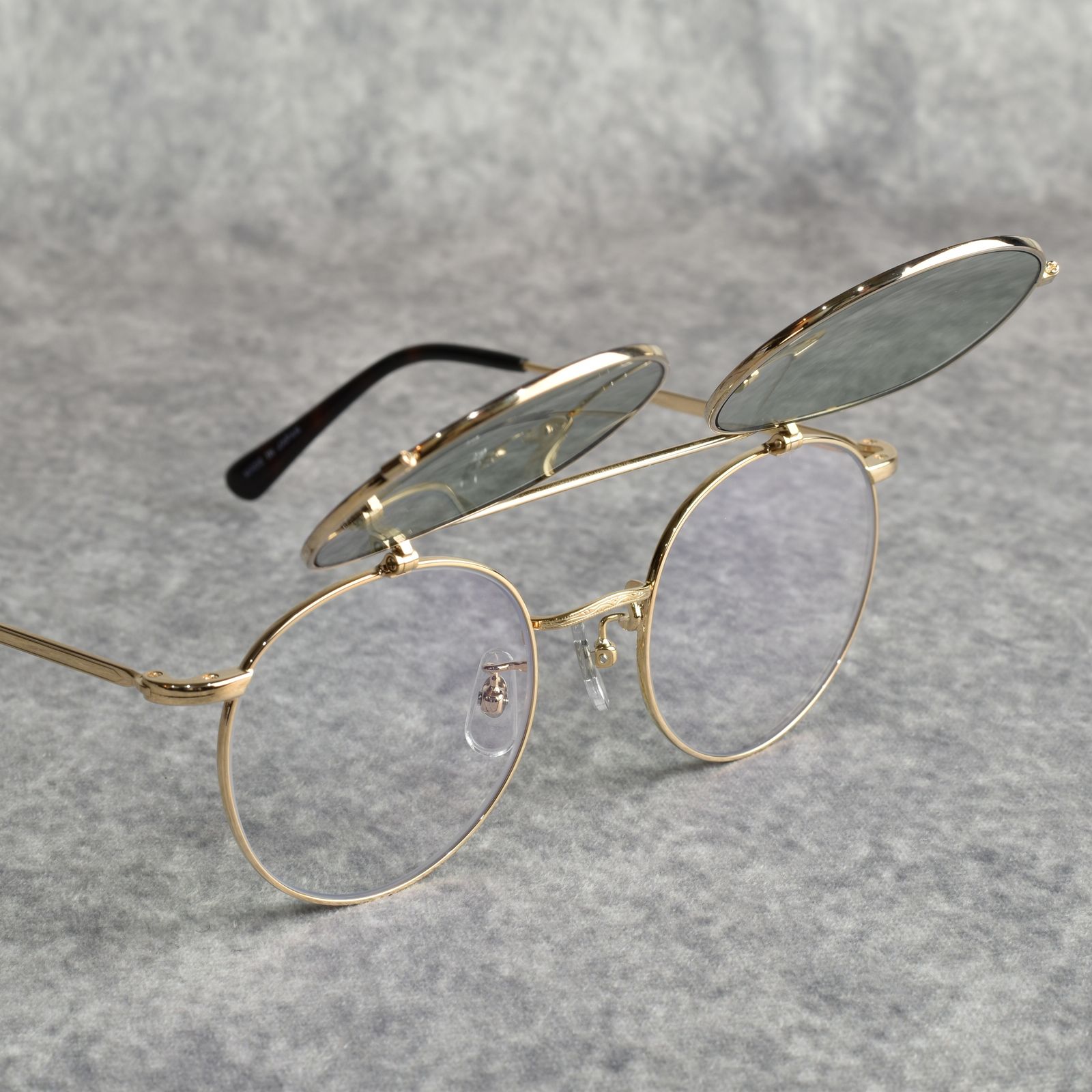 FLIP UP TYPE CIRCLE METAL GLASSES (GOLD/GREEN) / フリップアップタイプ サークルメタル サングラス