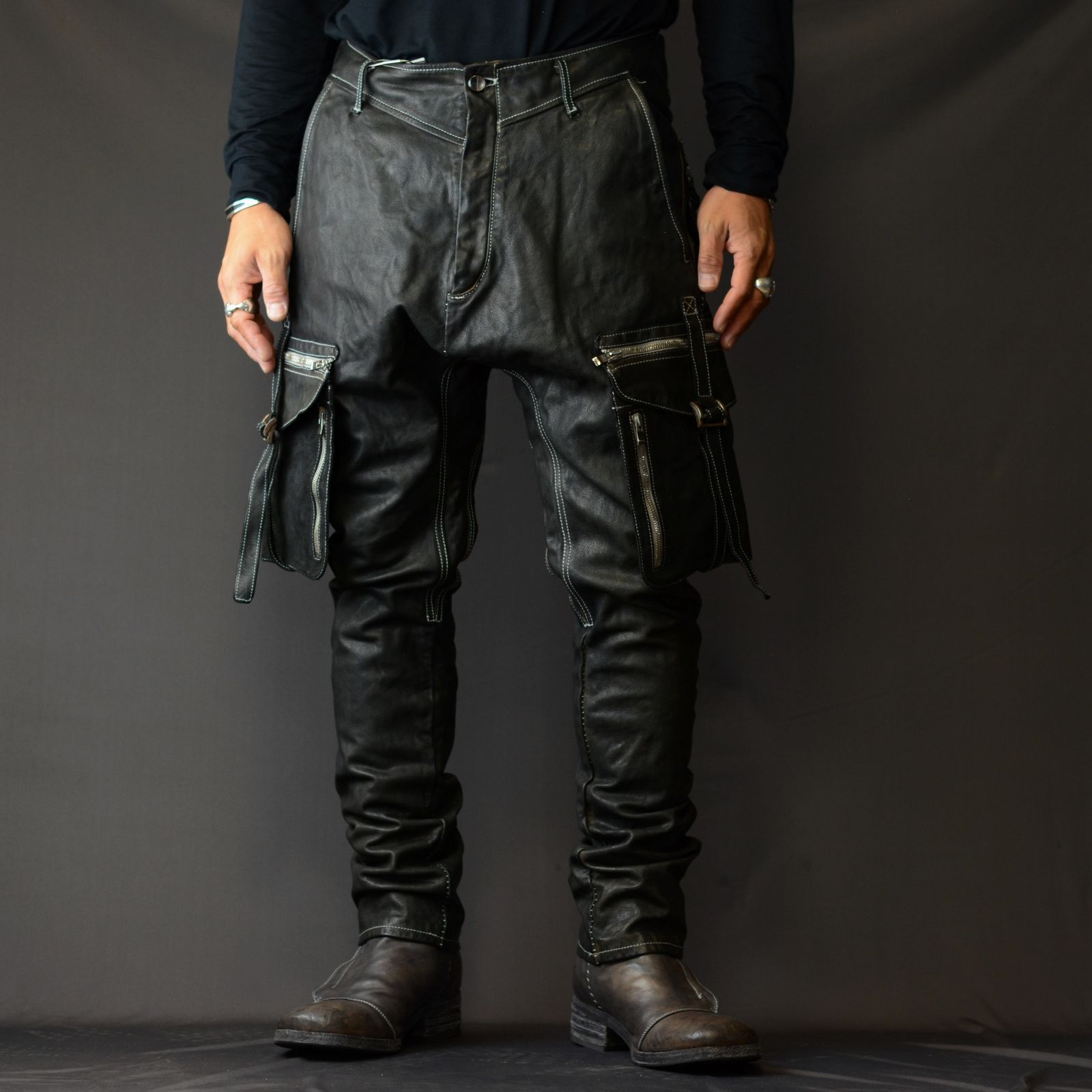 incarnation - BUFFALO LEATHER PANTS ARMYHALF LINED MP-1