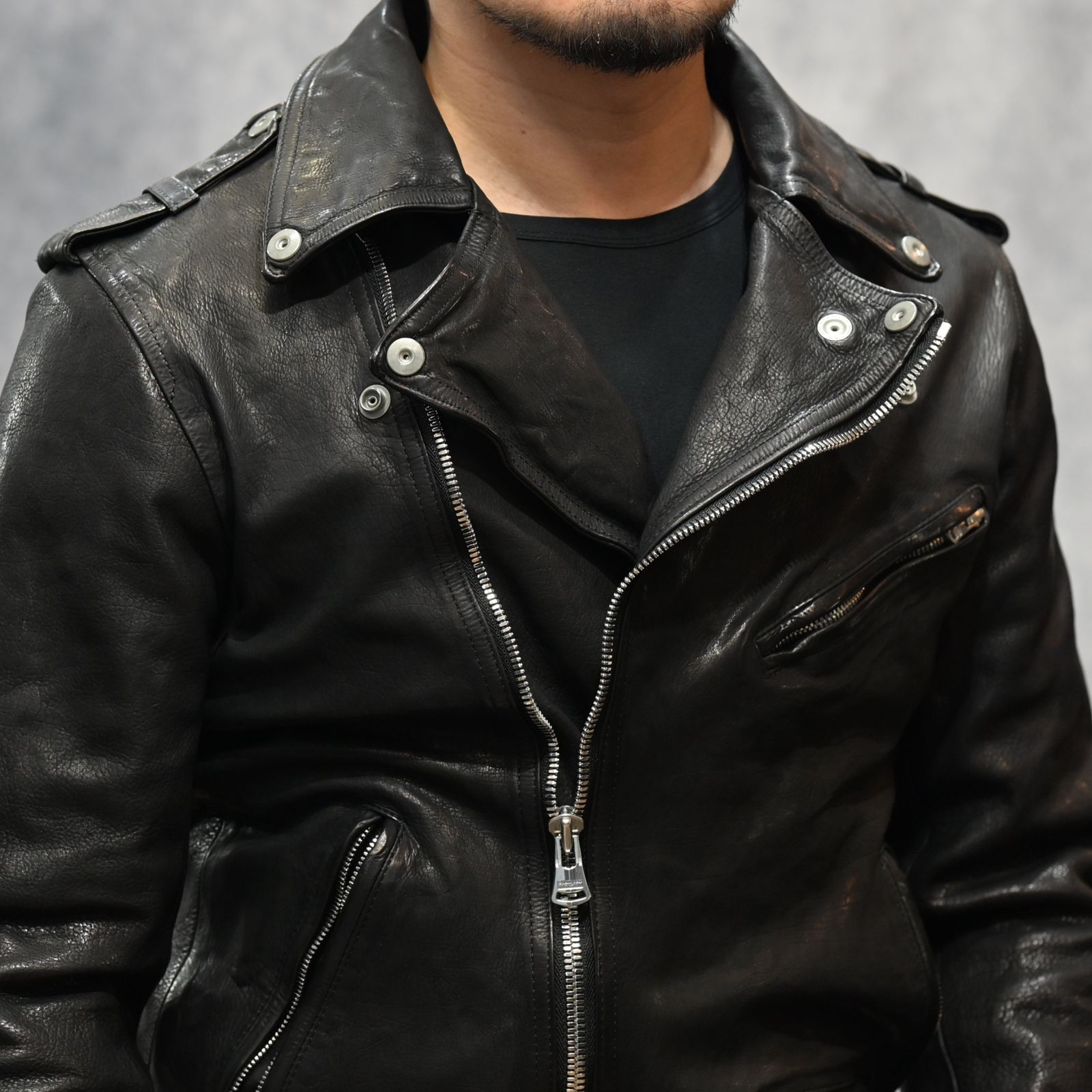 ジャパンカーフ タンニン鞣し 製品洗い ダブルライダース （BLACK） 1927-07