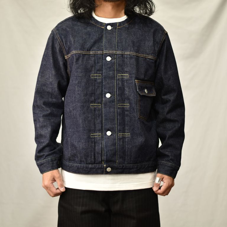 CALEE - 1st type no collar denim jacket -one wash- (Ow Indigo blue 