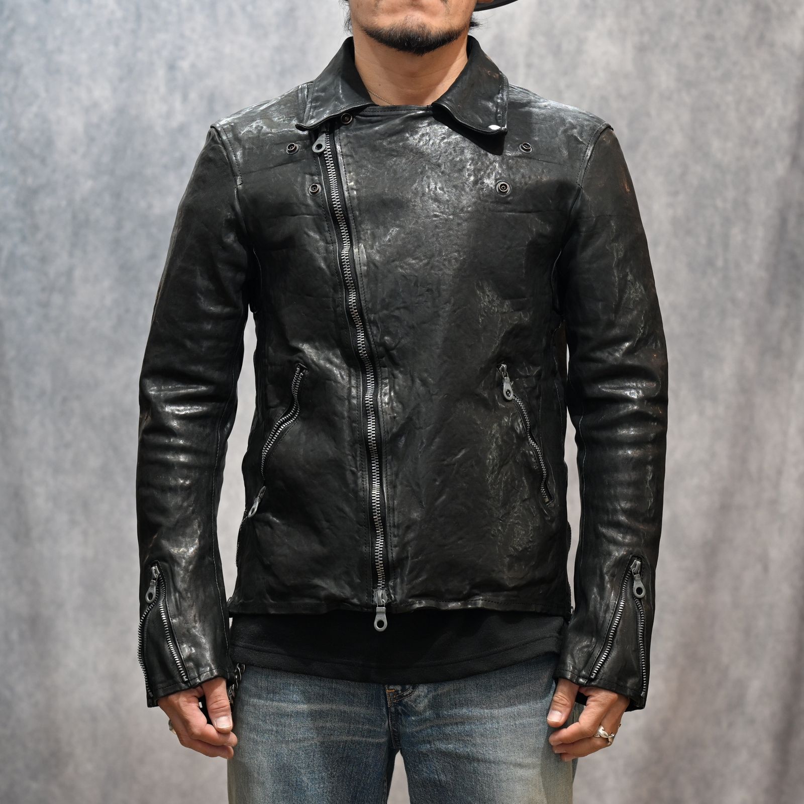 イタリーショルダー製品染め ダブルライダース （BLACK）｜1254-02