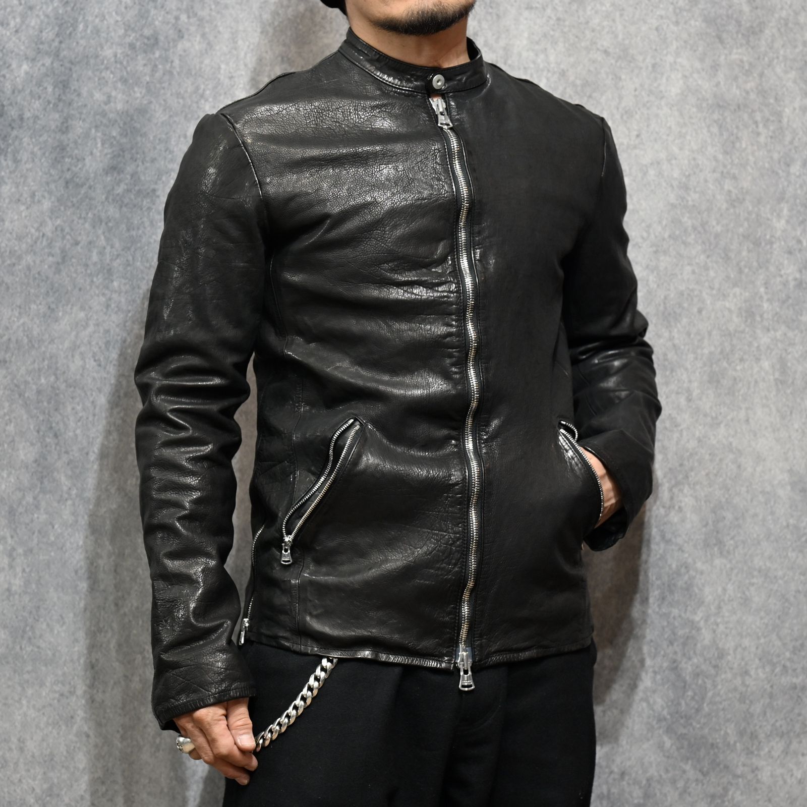 ジャパンカーフ タンニン鞣し 製品洗い加工 シングルライダース （BLACK / ブラック） 1927-05