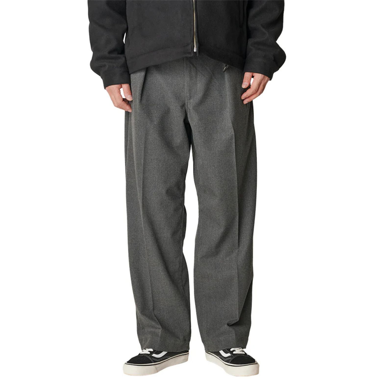 THERMOLITE TWILL TUCK WIDE SLACKS (CHARCOAL) / サーモライト ツイル 1タック ワイドスラックス