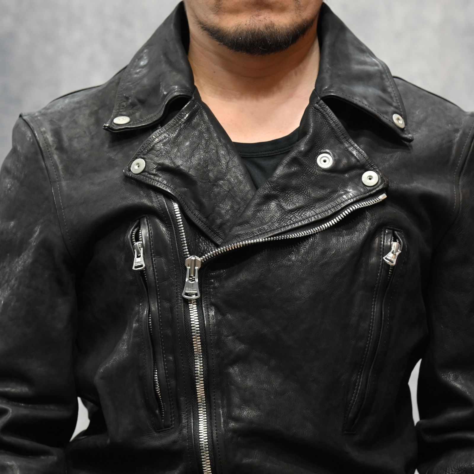 ジャパンカーフ タンニン鞣し 製品染め加工 ダブルライダース （BLACK /ブラック） 1927-01