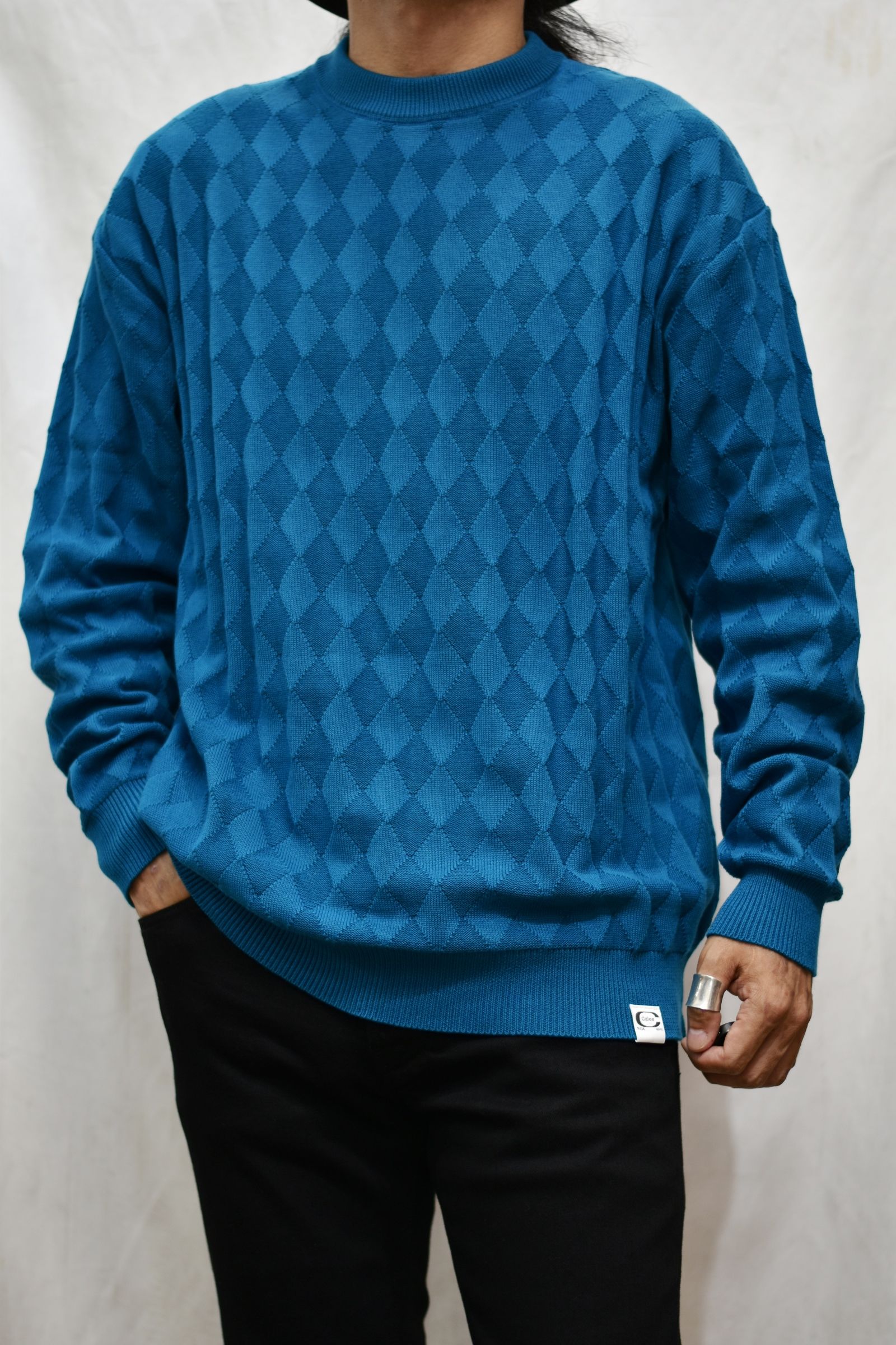 LINKS DIAMOND STITCH CREW NECK KNIT SWEATER (BLUE