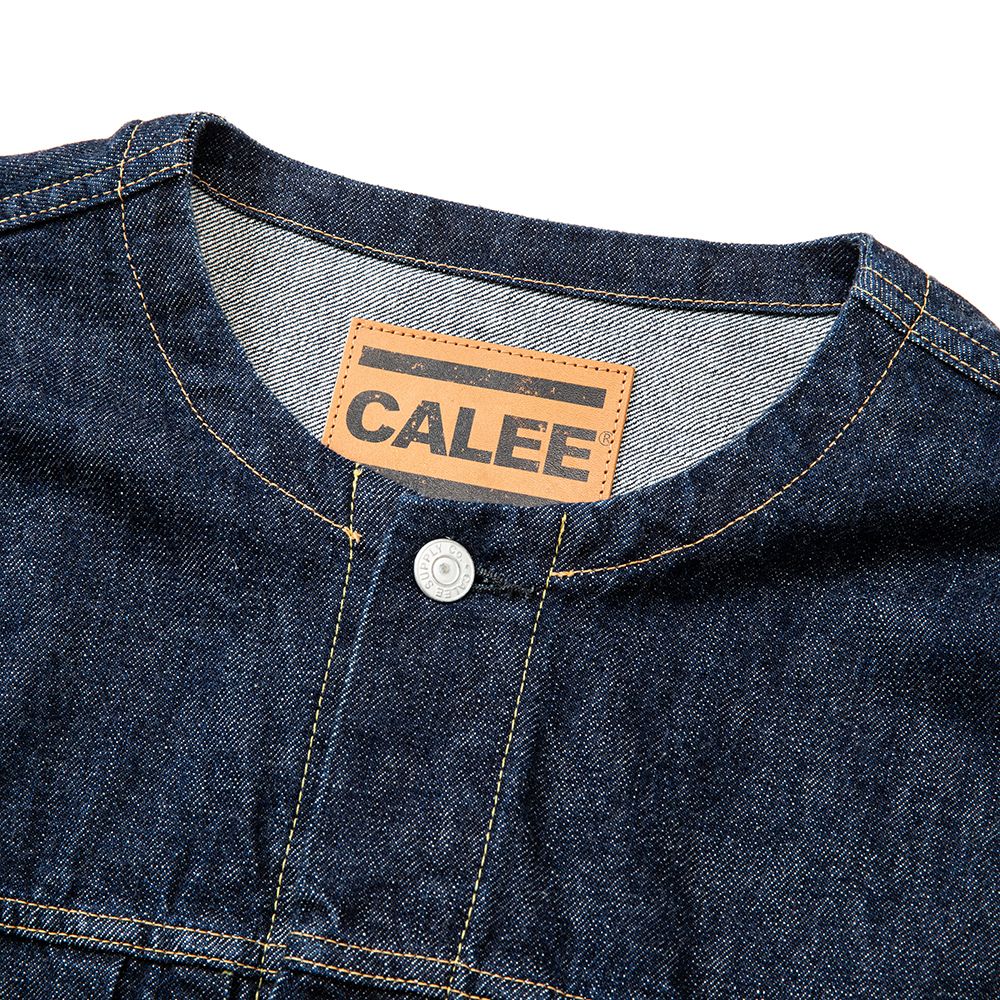 CALEE - 1st type no collar denim jacket -one wash- (Ow Indigo blue