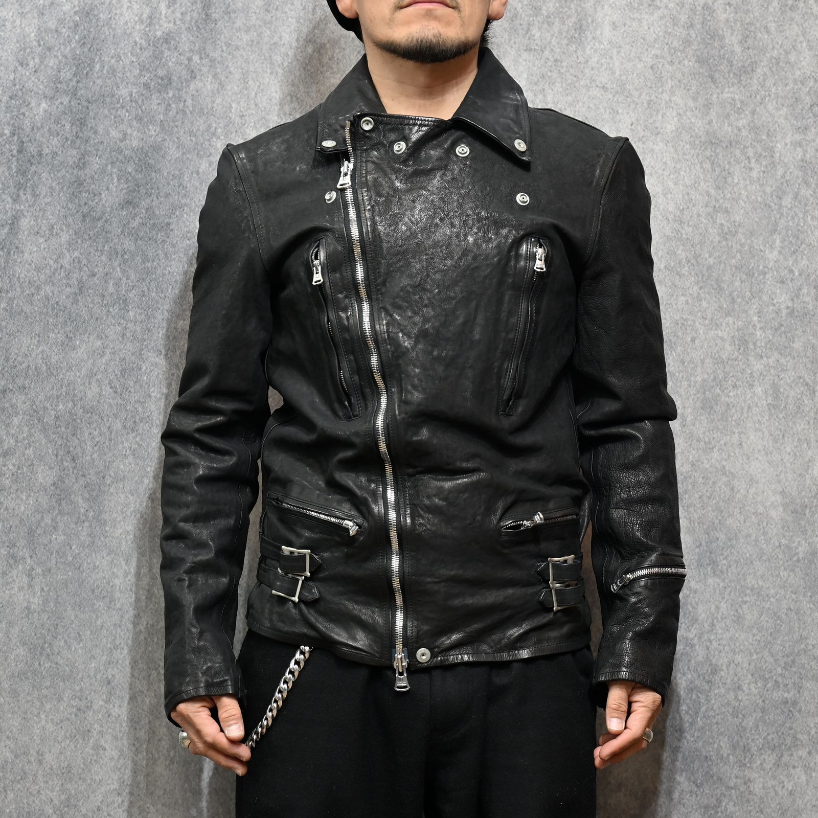 ジャパンカーフ タンニン鞣し 製品染め加工 ダブルライダース （BLACK /ブラック） 1927-01