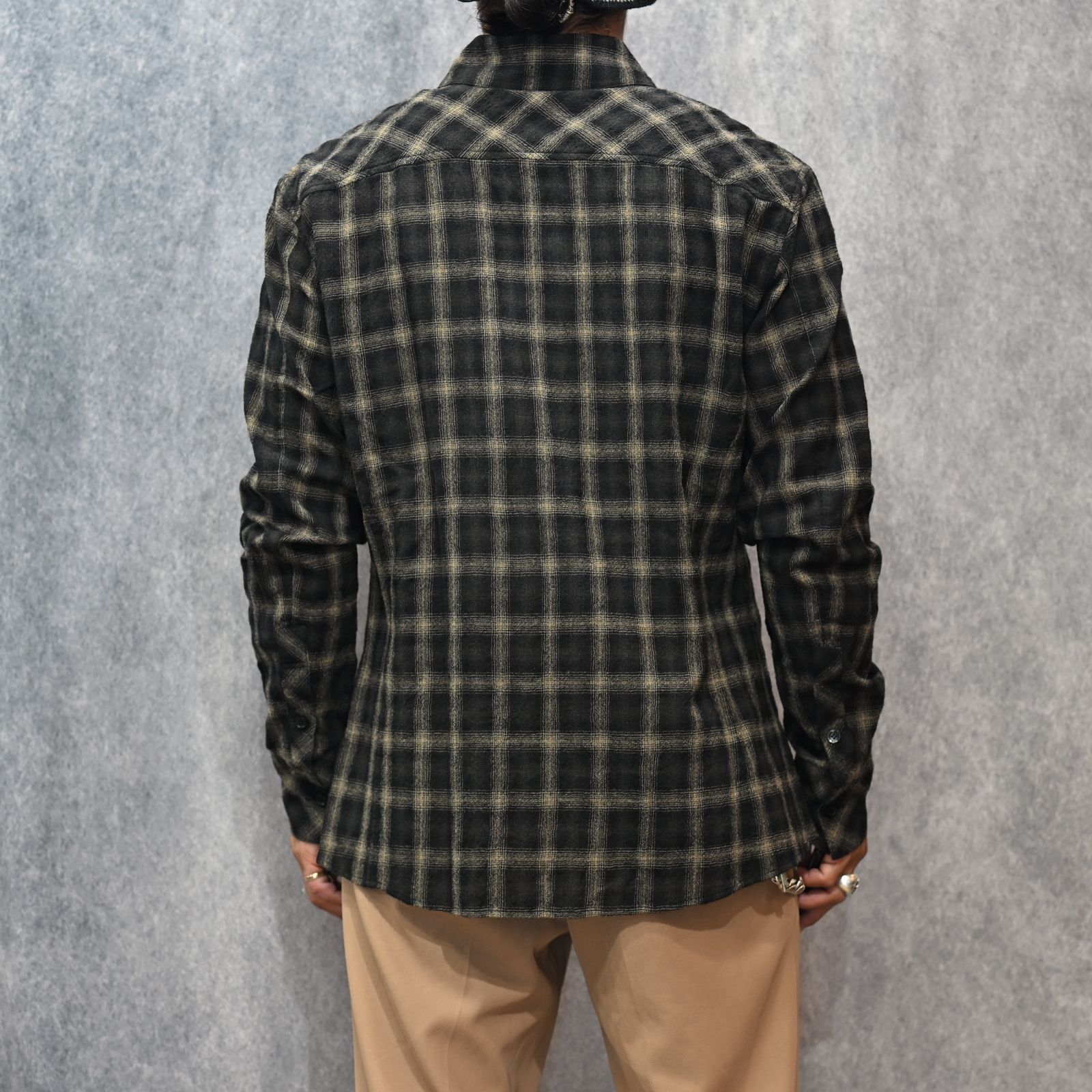 ウールガーゼ オンブレーチェック 縮絨シャツ （BLACK）｜2182-01