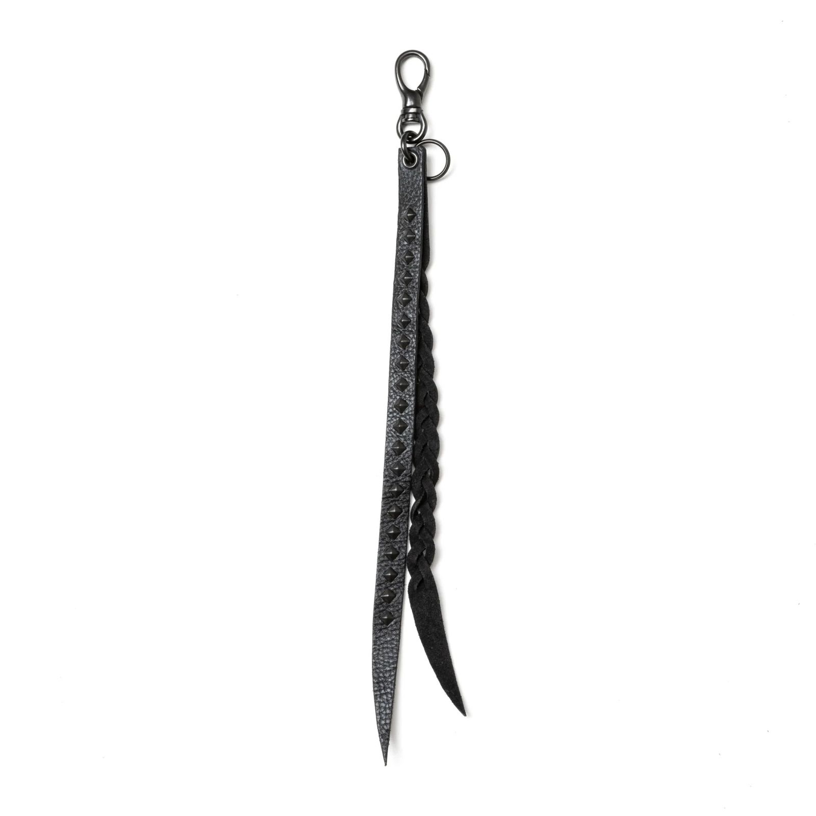 STUDS & KNITTING LEATHER LONG KEY RING ＜TYPE B＞ (BLACK/BLACK) / スタッズレザー 編み込みレザー ロングタイプ キーリング キーホルダー