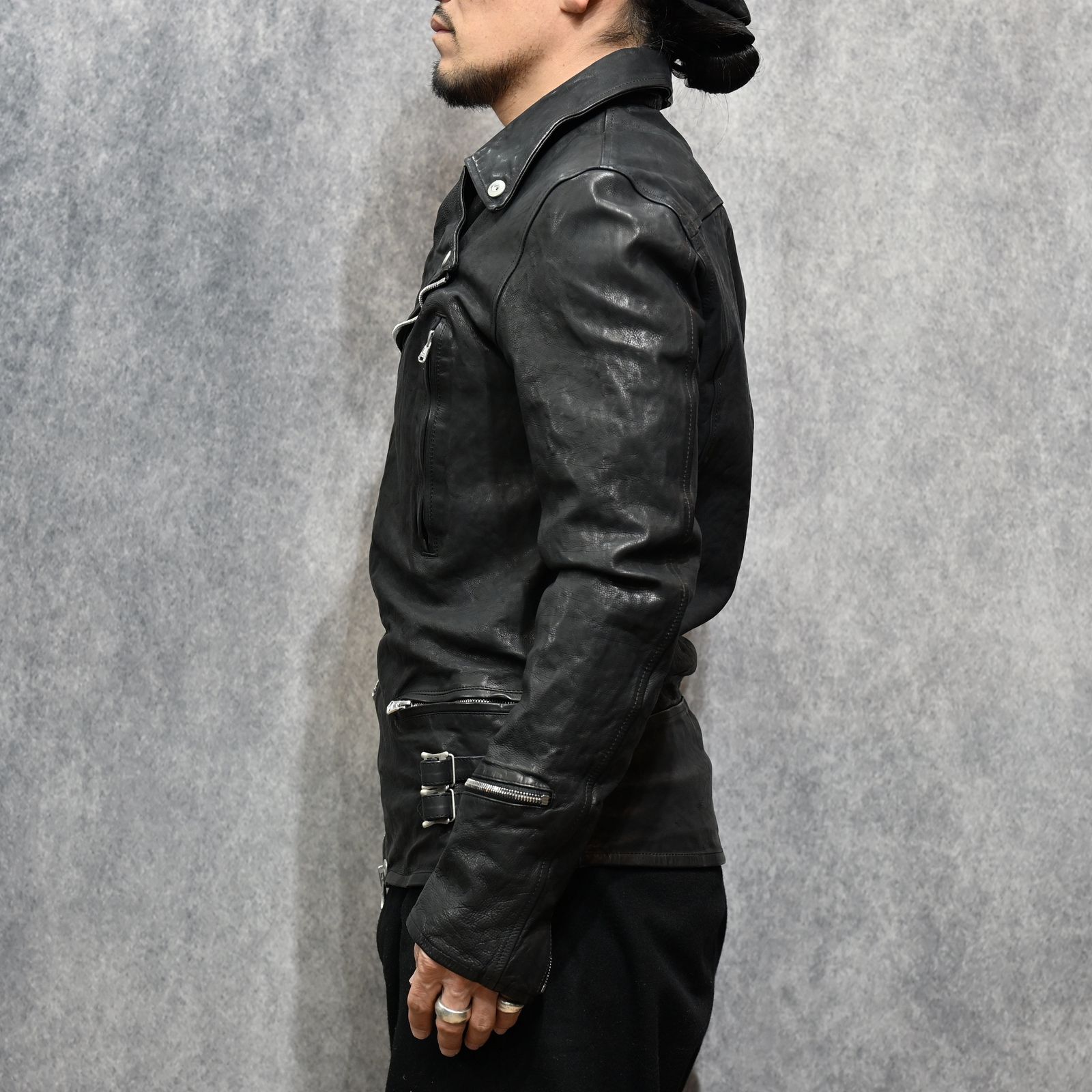 ジャパンカーフ タンニン鞣し 製品染め加工 ダブルライダース （BLACK /ブラック） 1927-01