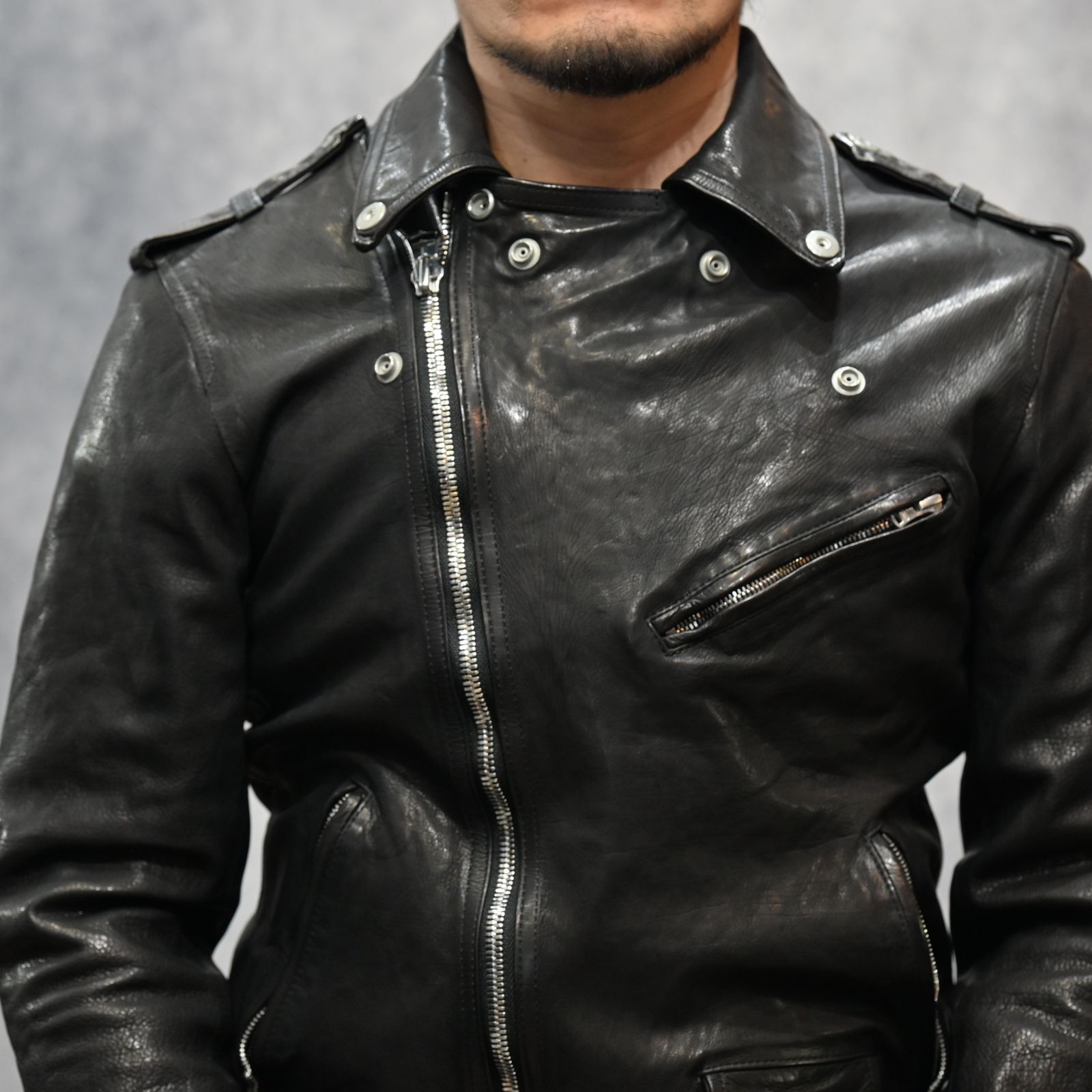 ジャパンカーフ タンニン鞣し 製品洗い ダブルライダース （BLACK） 1927-07