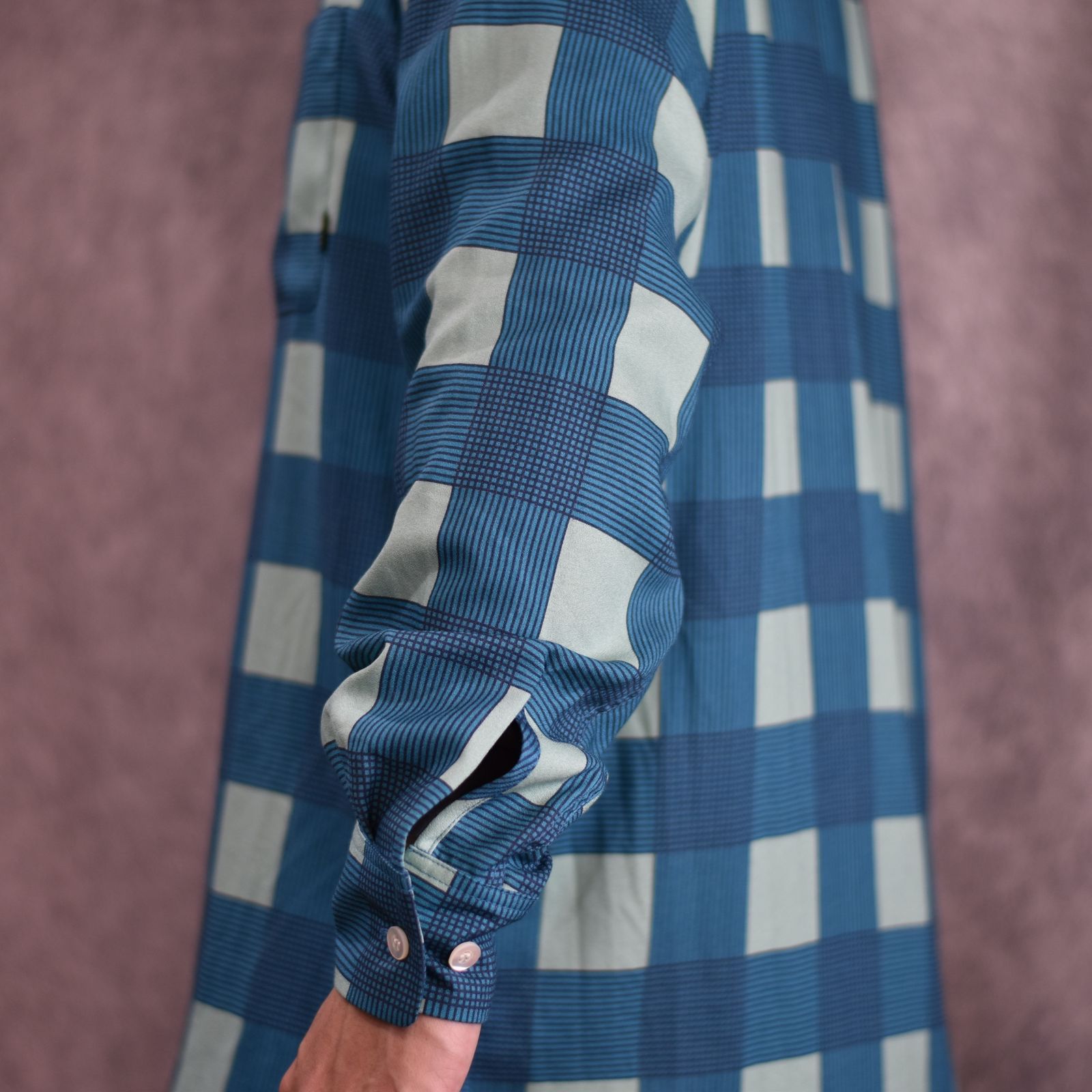 RAYON CHECK OPEN COLLAR L/S SH (TURQUOISE) / レーヨンチェック オープンカラー シャツ