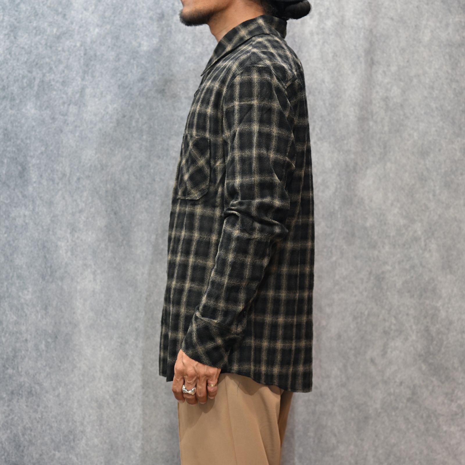 ウールガーゼ オンブレーチェック 縮絨シャツ （BLACK）｜2182-01