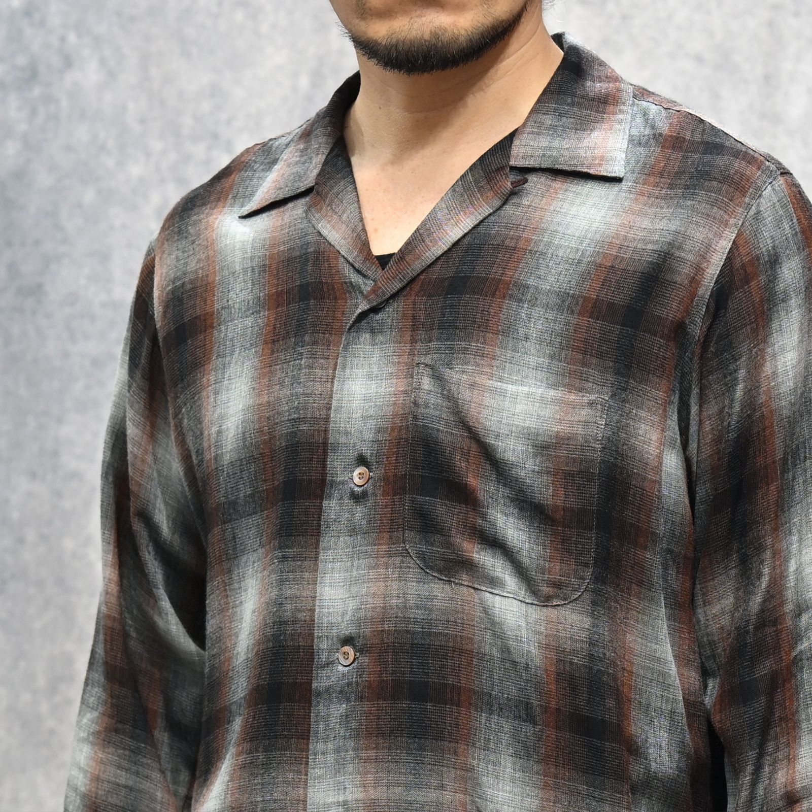 T.Rayon Ombre Open Collar Shirt （BRT / ブラウン）｜オンブレーチェックシャツ｜MDFBF09501