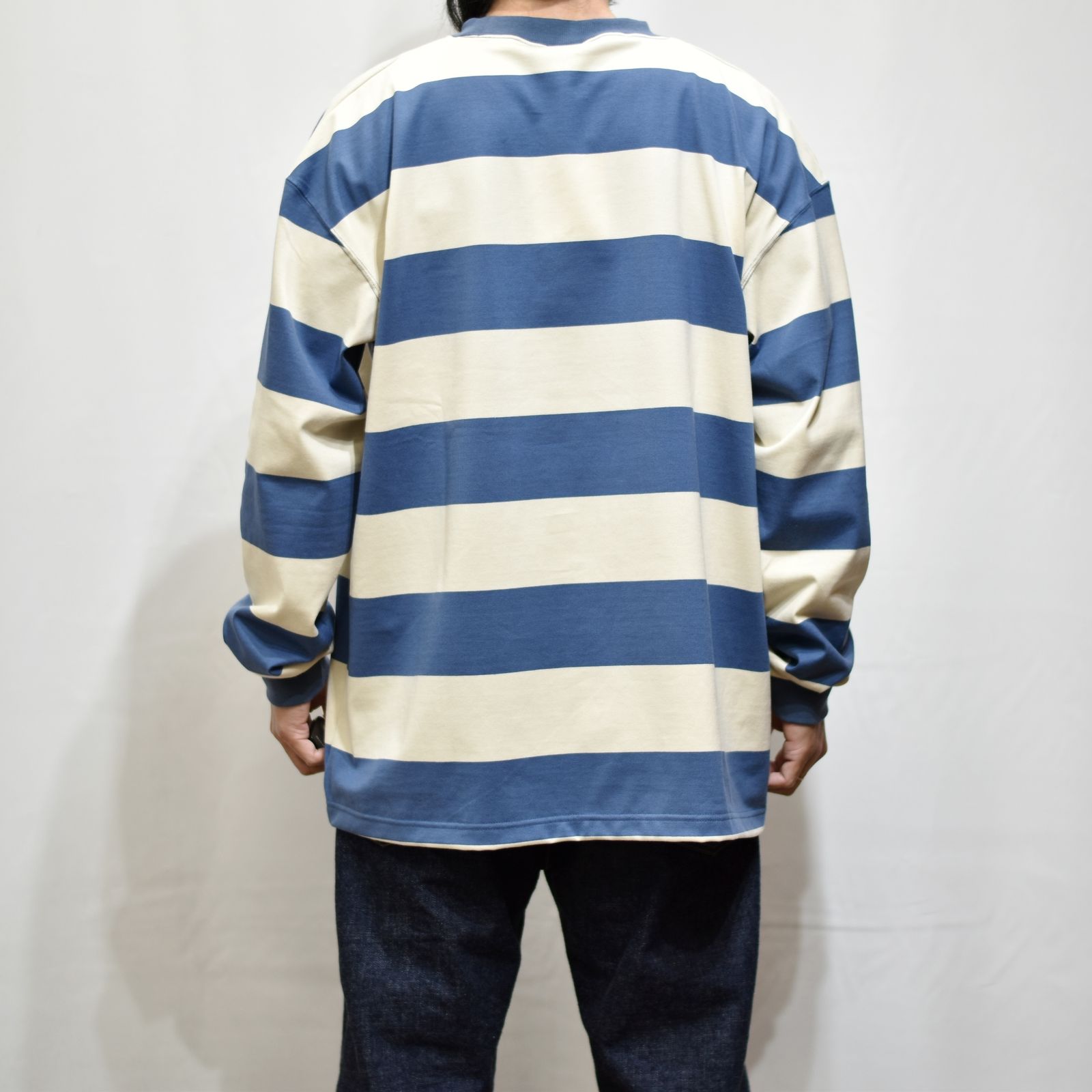 DROP SHOULDER WIDE PITCH L/S T‐SHIRT (WHITE/BLUE)