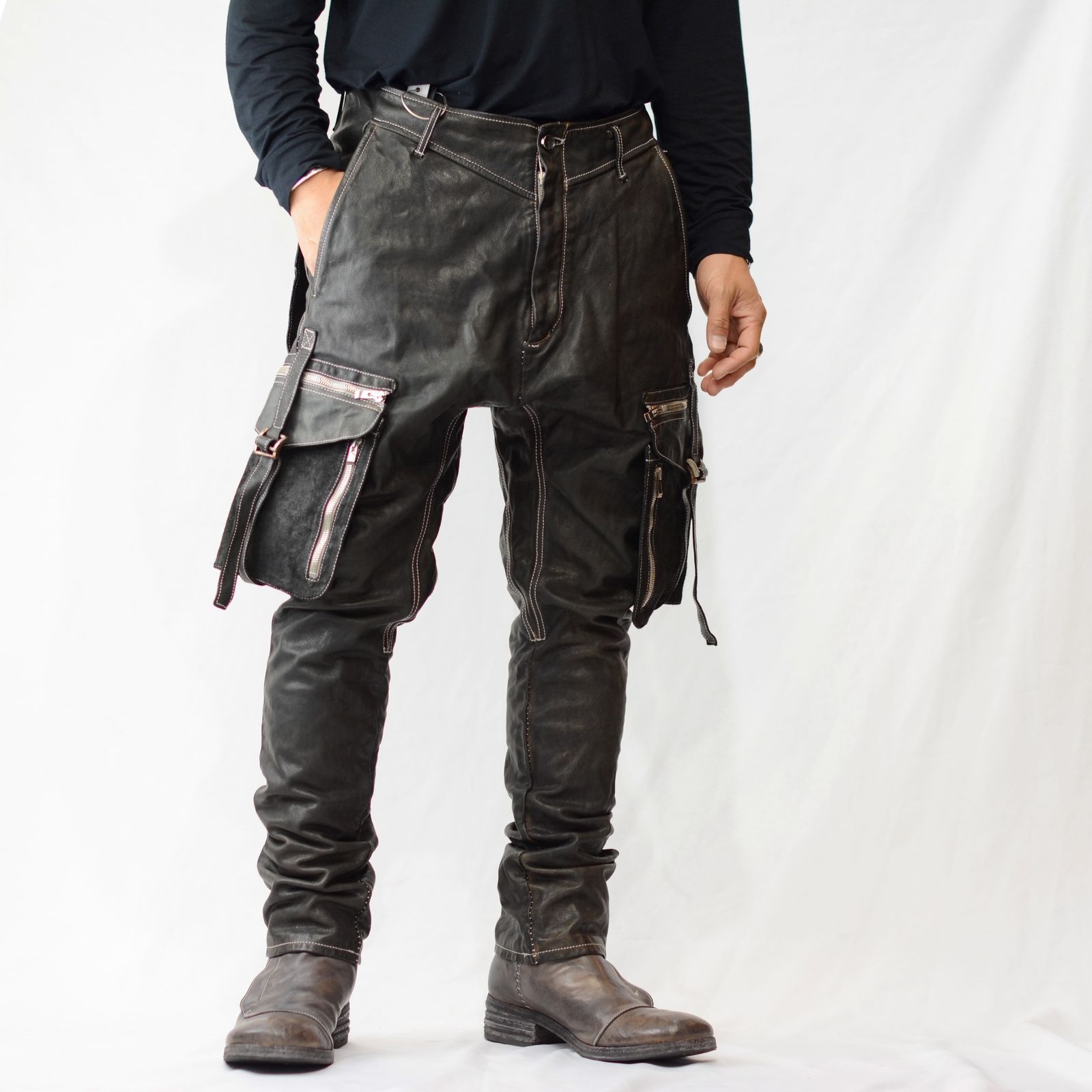 incarnation - BUFFALO LEATHER PANTS ARMYHALF LINED MP-1 