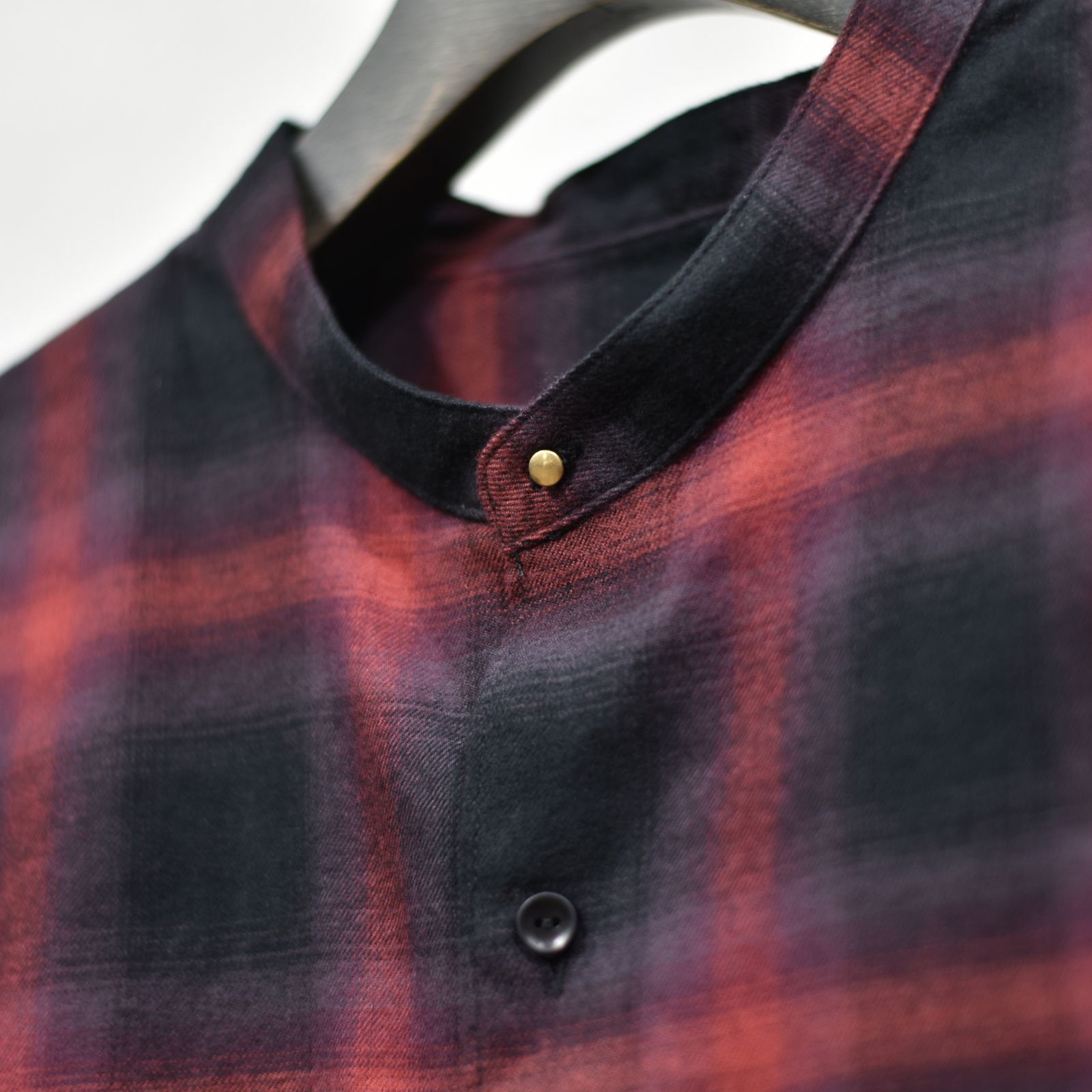 HF Ombre Band Collar Shirt （RED）｜オンブレチェック カラーレス ノーカラー シャツ （レッド）｜HF-21