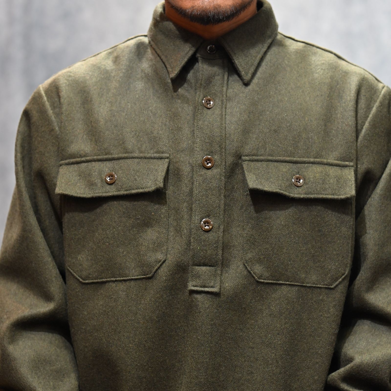 Wool Light Melton Pullover SH （KHA） / ウールメルトン プルオーバーシャツ （カーキ）｜2509-5003