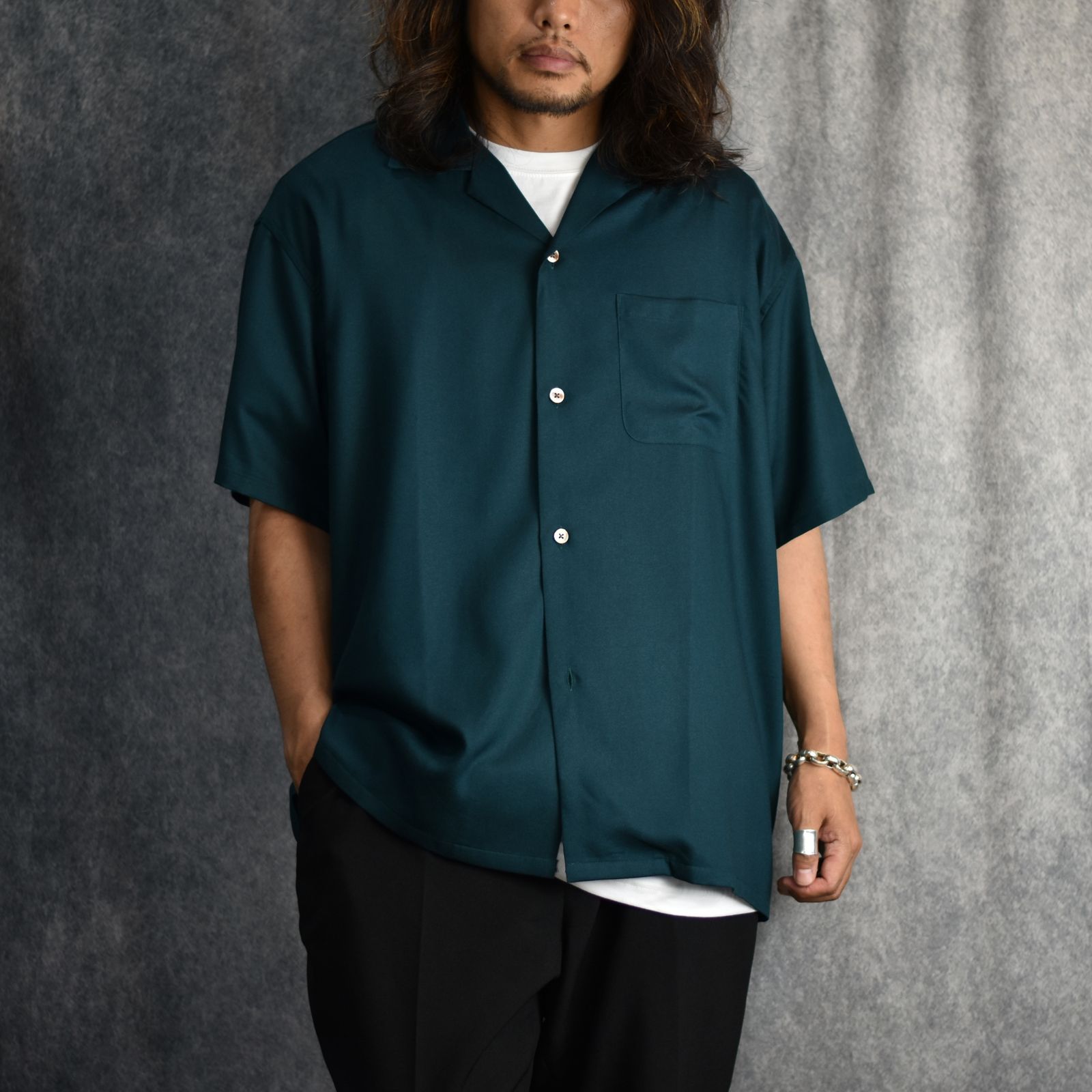 EMBROIDERY "BLATANT LOCALISM" OPEN COLLAR SH (GREEN) / オープンカラーシャツ