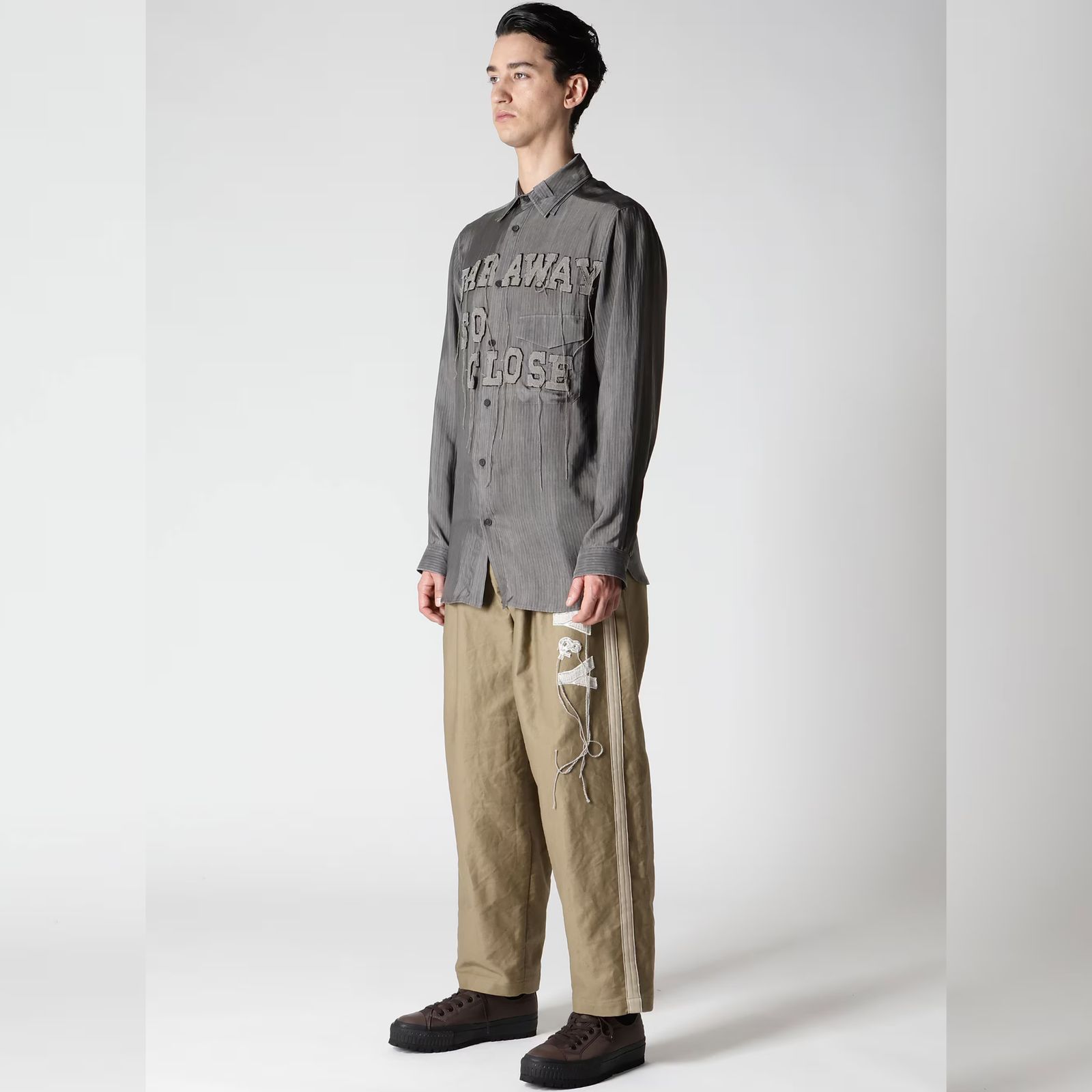Cu STRIPE INK BLOUSE WITH PATCH （BLACK） / 縞柄生地 二重衿ブラウス （ブラック） / HO-B94-209-1-02