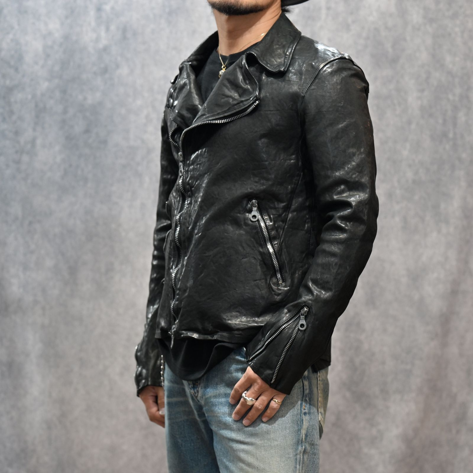 イタリーショルダー製品染め ダブルライダース （BLACK）｜1254-02