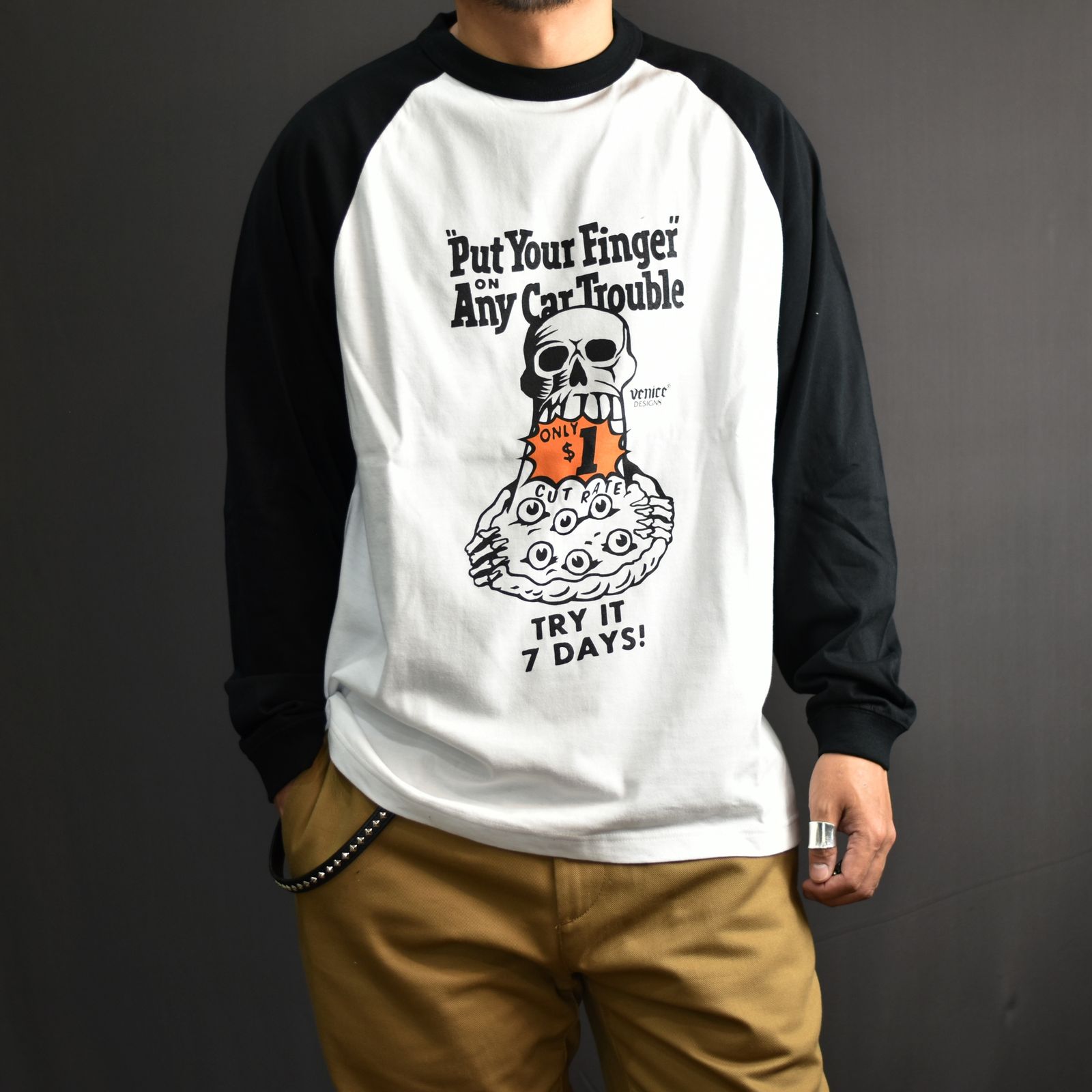 ×VENICE8 COFFEE HOUSE P.Y.F R/S TEE (WHT×BLK) / ラグランスリーブ ロンT