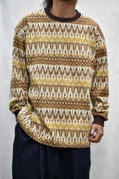 JACQUARD BORDER DROP SHOULDER L/S CUTSEW (BROWN)
