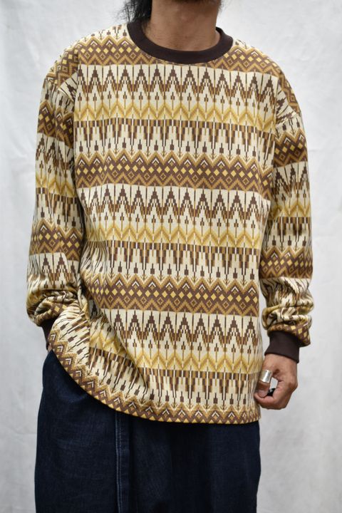 JACQUARD BORDER DROP SHOULDER L/S CUTSEW (BROWN)