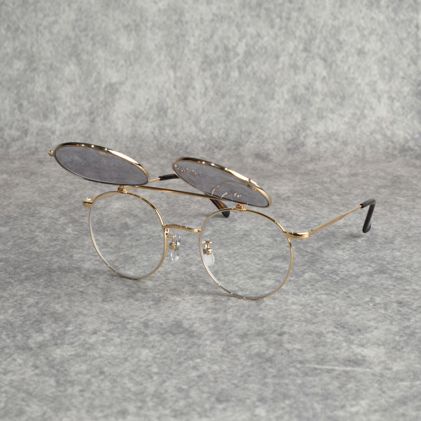 FLIP UP TYPE CIRCLE METAL GLASSES (GOLD/GRAY) / フリップアップタイプ サークルメタル サングラス