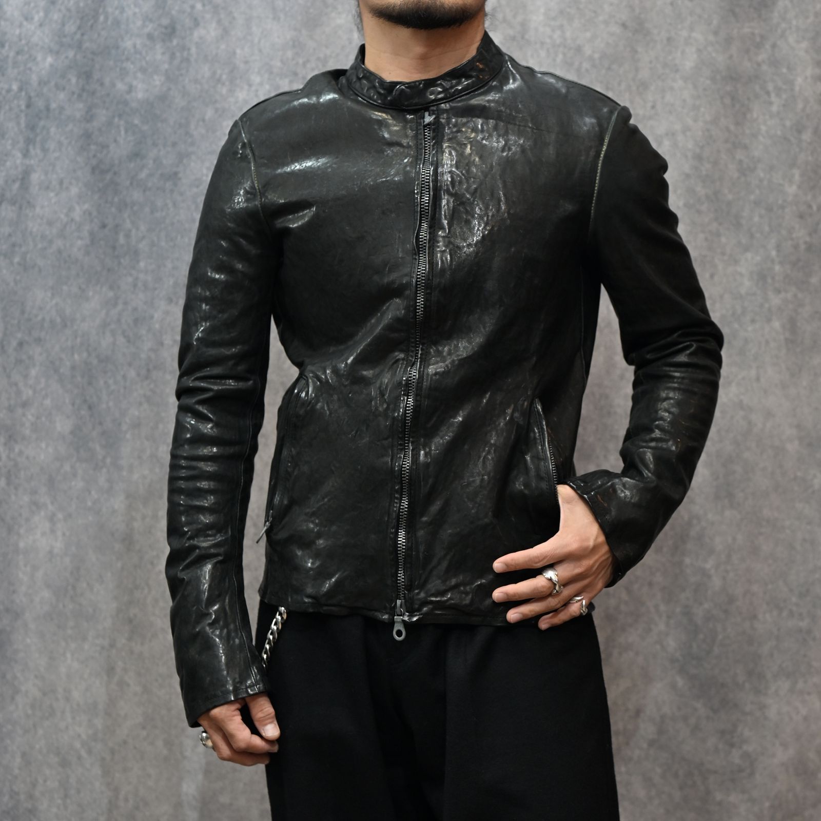 イタリーショルダー製品染め シングルライダース （BLACK）｜1254-02