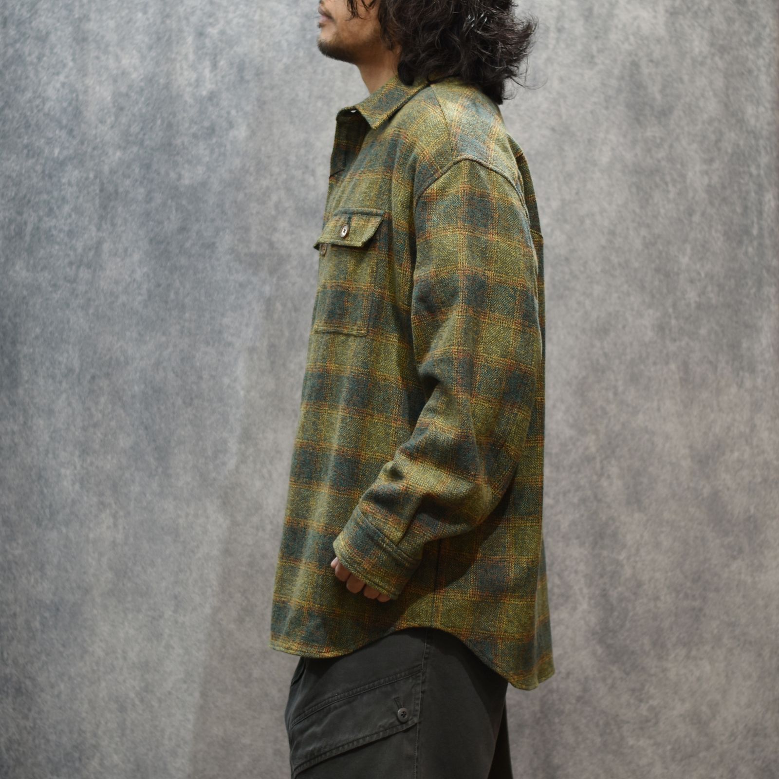 MOTTLE YARN HERRINGBONE OMBRE CPO (GREEN)｜オンブレチェック シーピーオーシャツ｜375202