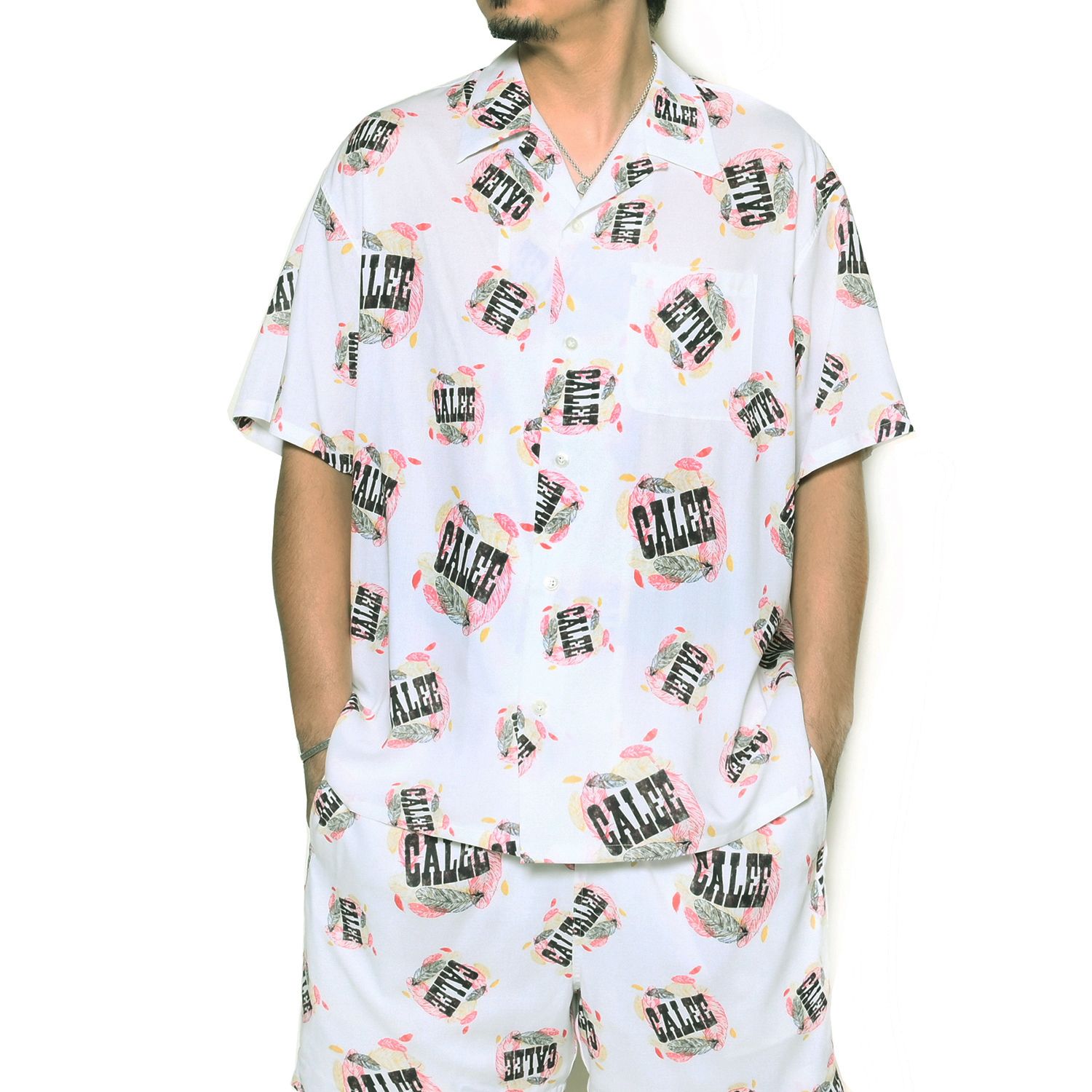 ALLOVER FEATHER PATTERN AMUNZEN CLOTH S/S SHIRT (WHITE)