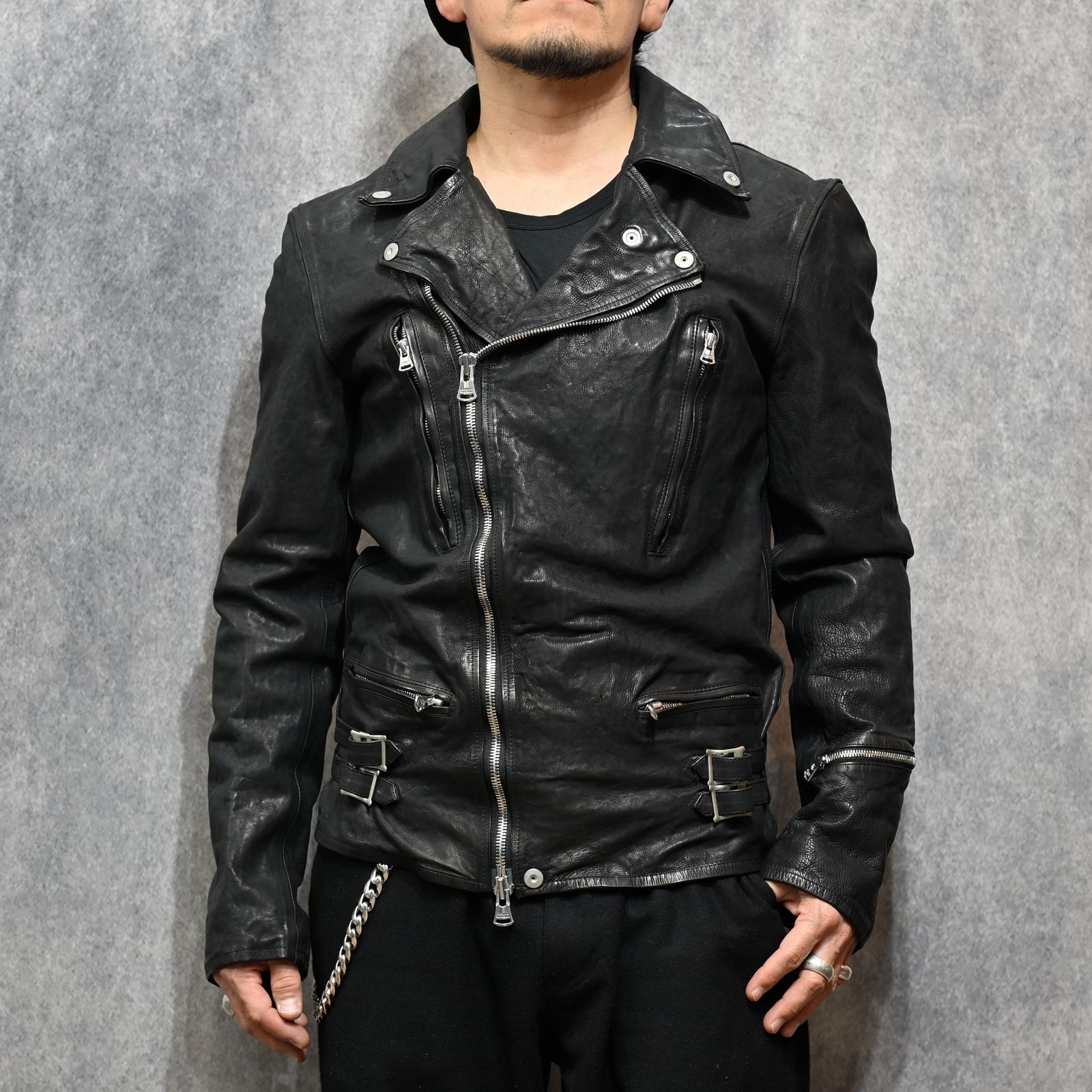 ジャパンカーフ タンニン鞣し 製品染め加工 ダブルライダース （BLACK /ブラック） 1927-01